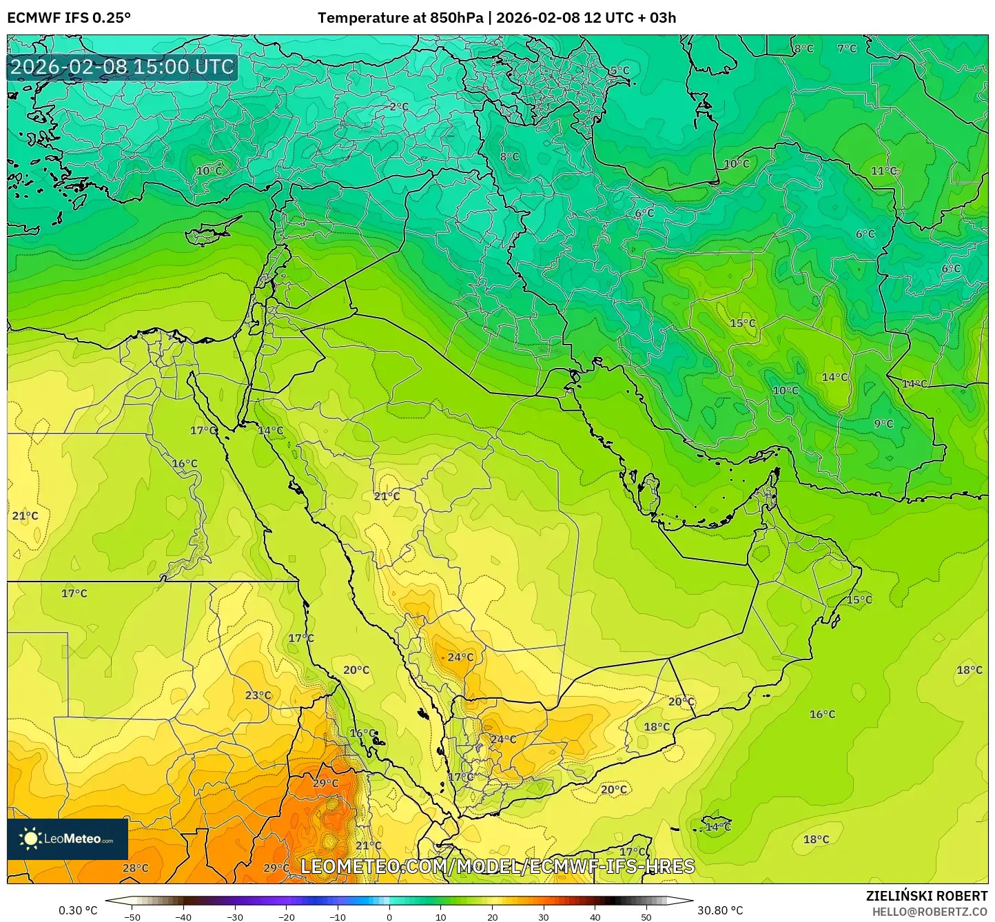 ECMWF IFS 0.25° model - Timur Tengah, Suhu 850 hPa