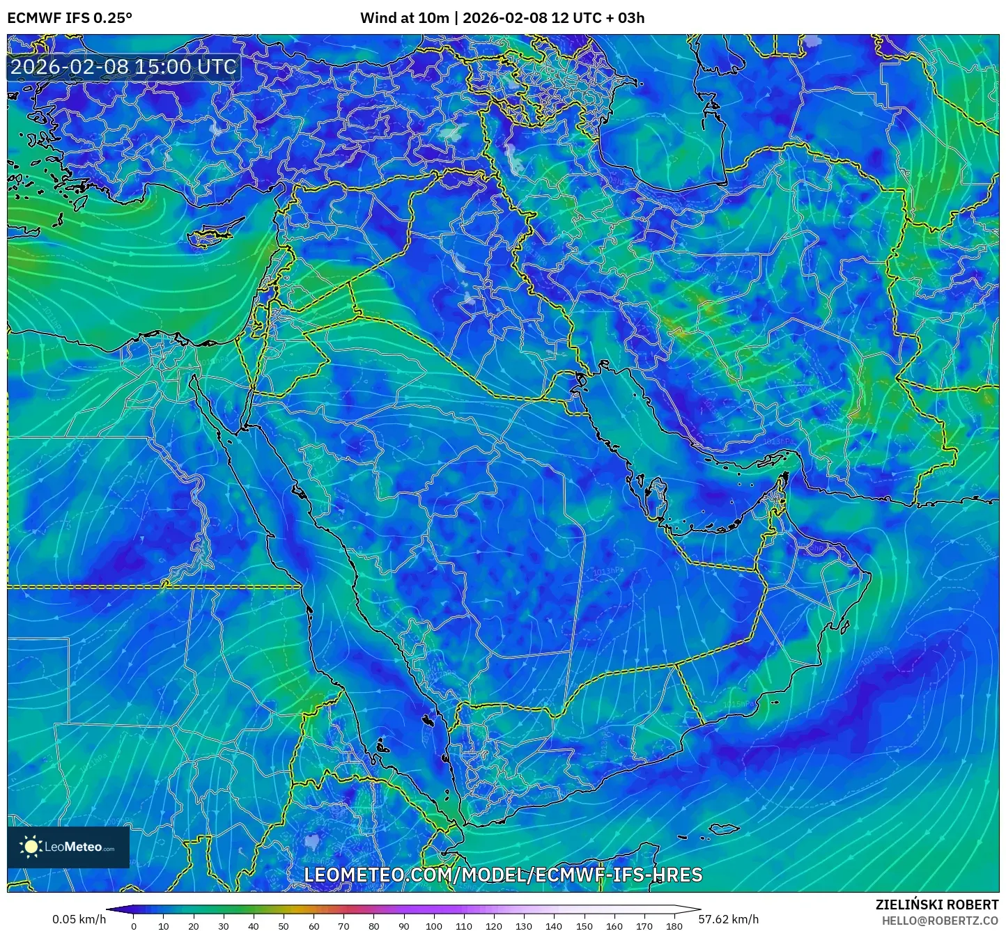ECMWF IFS 0.25° model - Middle East, Wind at 10m