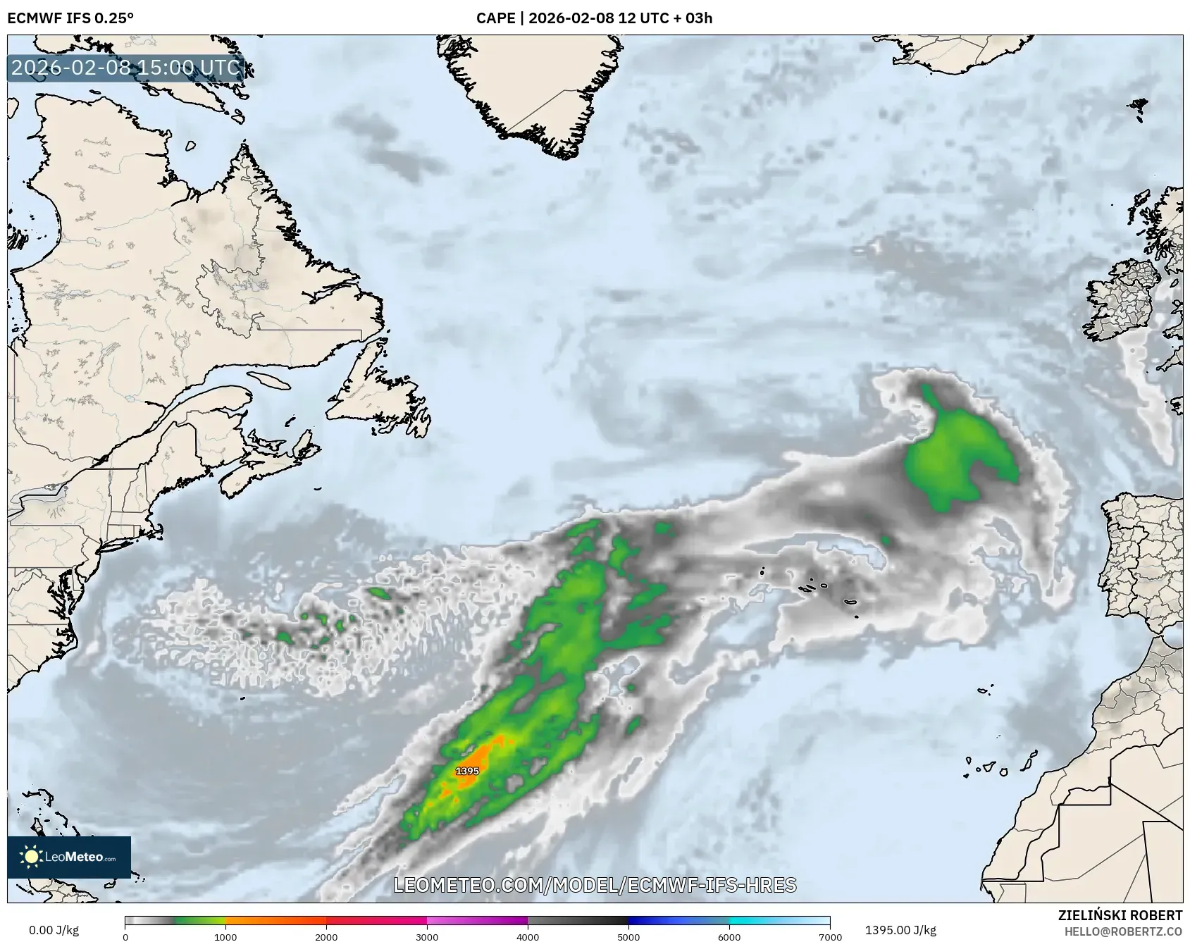 ECMWF IFS 0.25° model - North Atlantic, CAPE