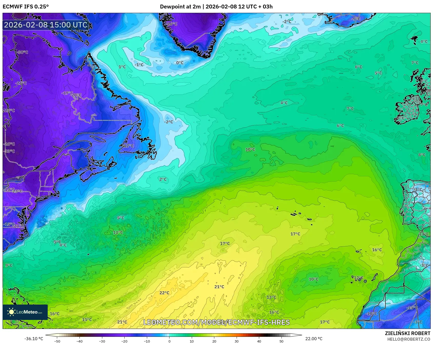 ECMWF IFS 0.25° model - North Atlantic, Dewpoint at 2m
