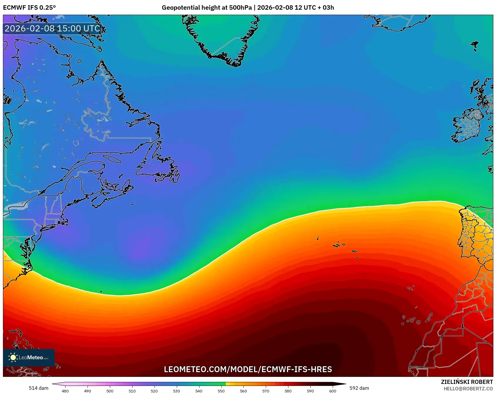 ECMWF IFS 0.25° model - North Atlantic, Geopotential height at 500hPa