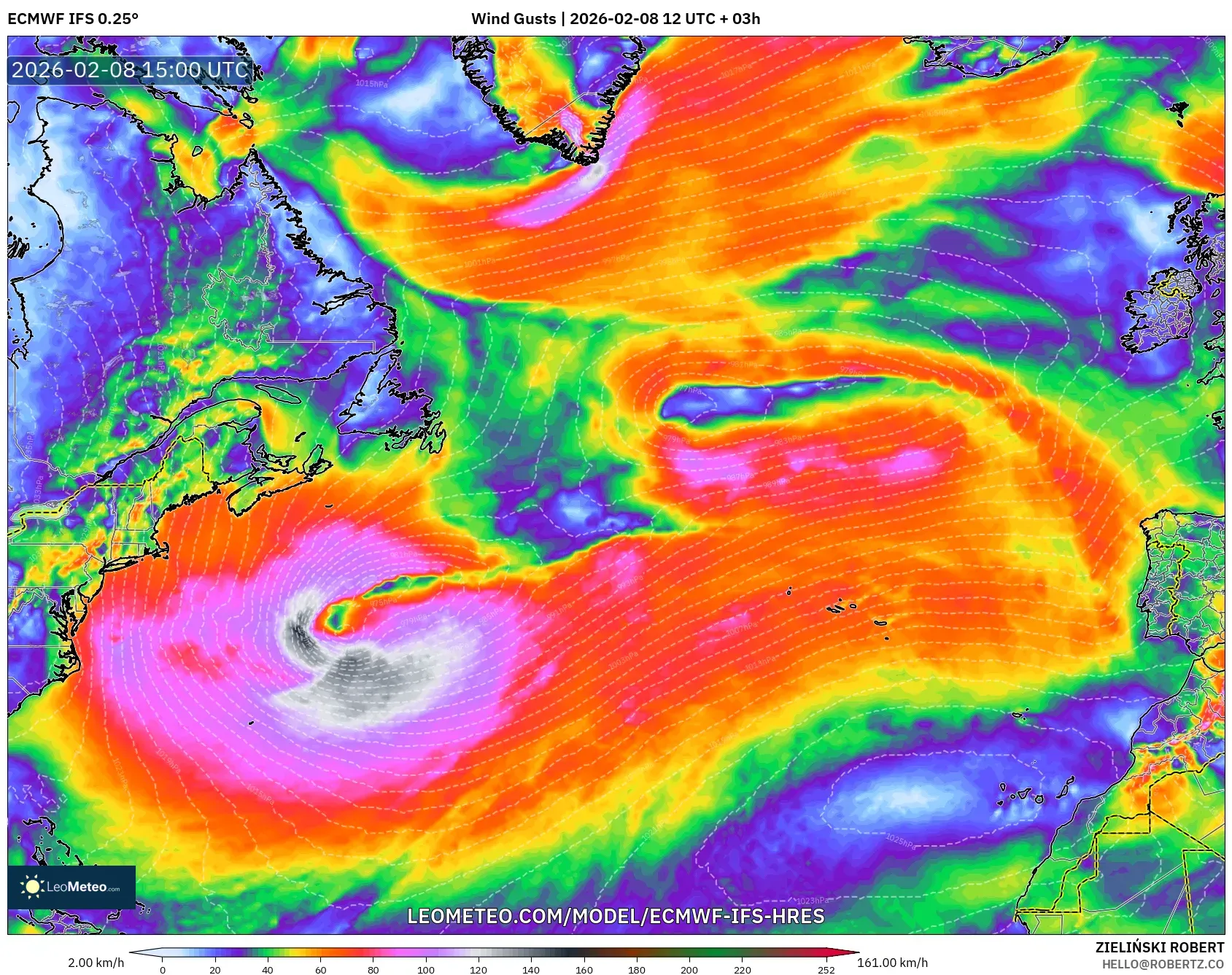 ECMWF IFS 0.25° model - North Atlantic, Wind Gusts