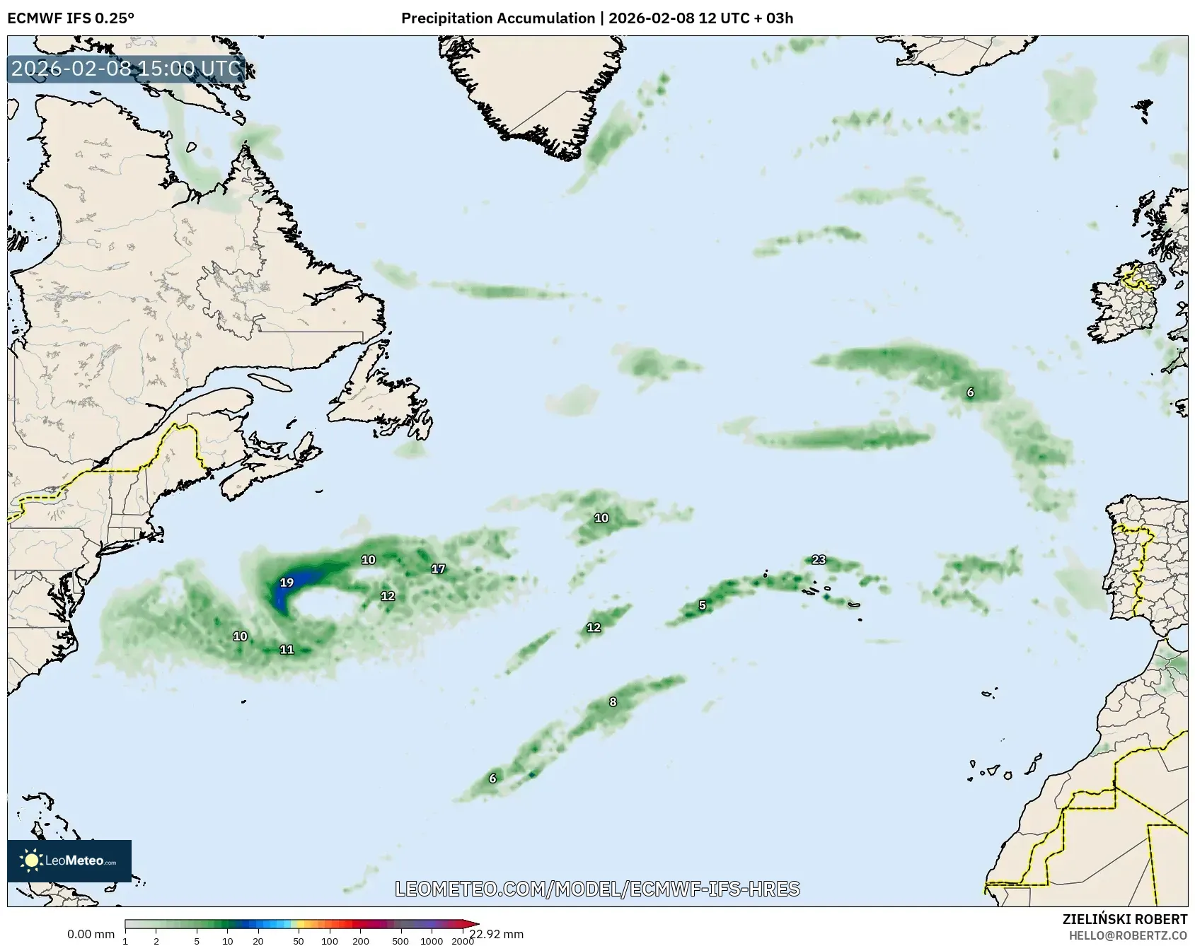 ECMWF IFS 0.25° model - North Atlantic, Precipitation Accumulation