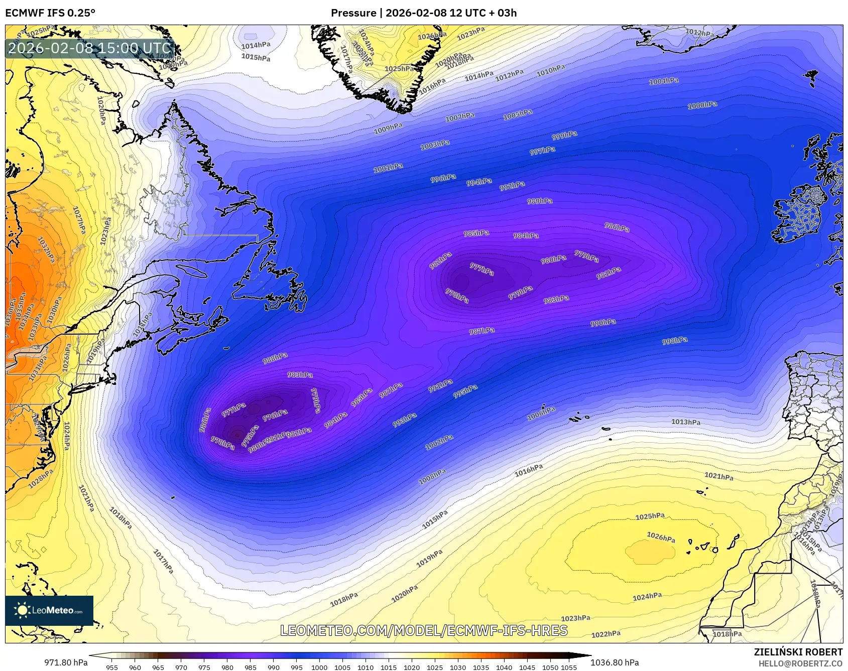 ECMWF IFS 0.25° model - North Atlantic, Pressure