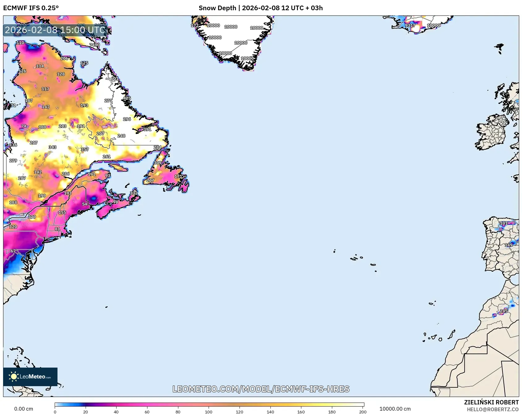 ECMWF IFS 0.25° model - North Atlantic, Snow Depth
