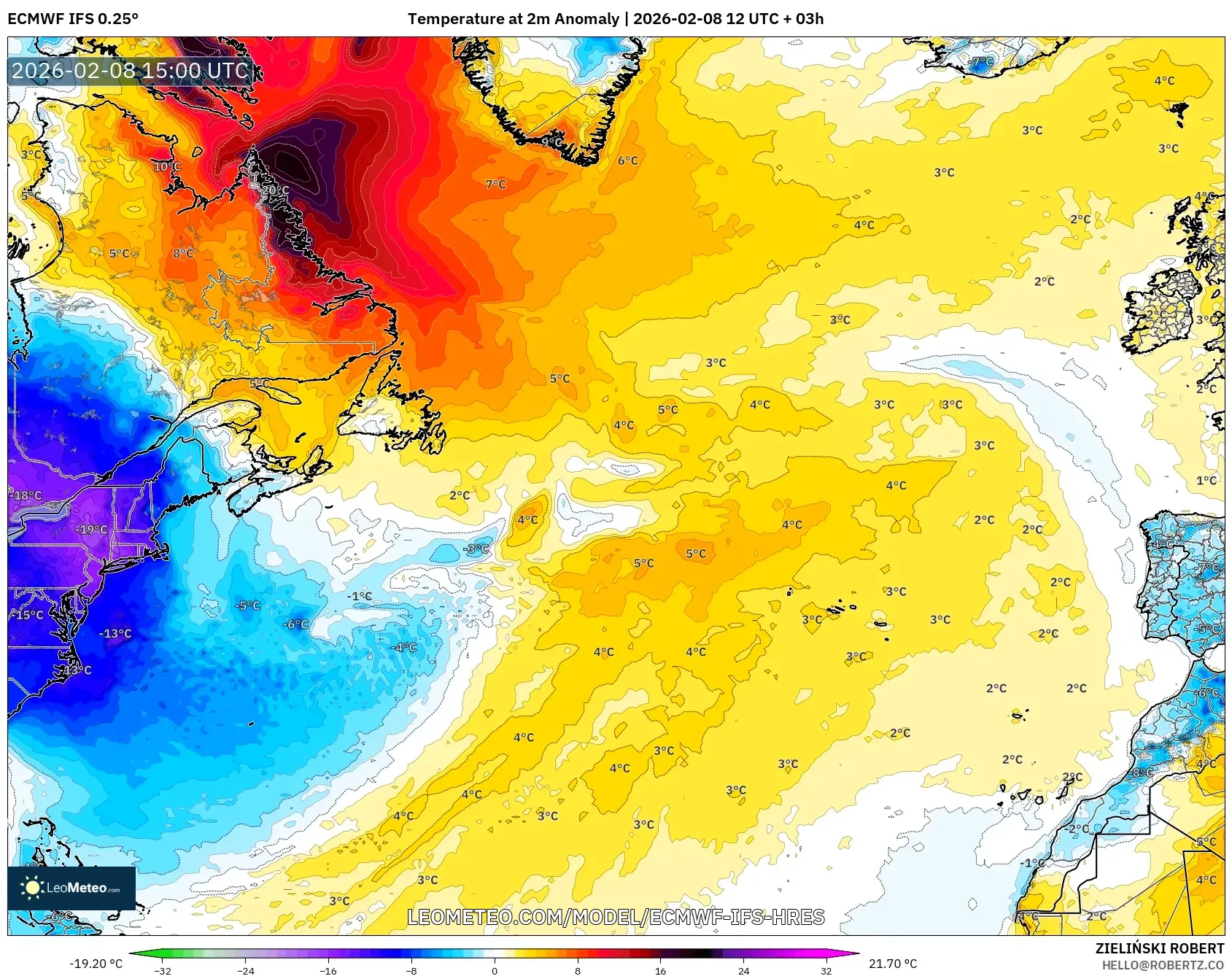 ECMWF IFS 0.25° model - North Atlantic, Temperature at 2m Anomaly