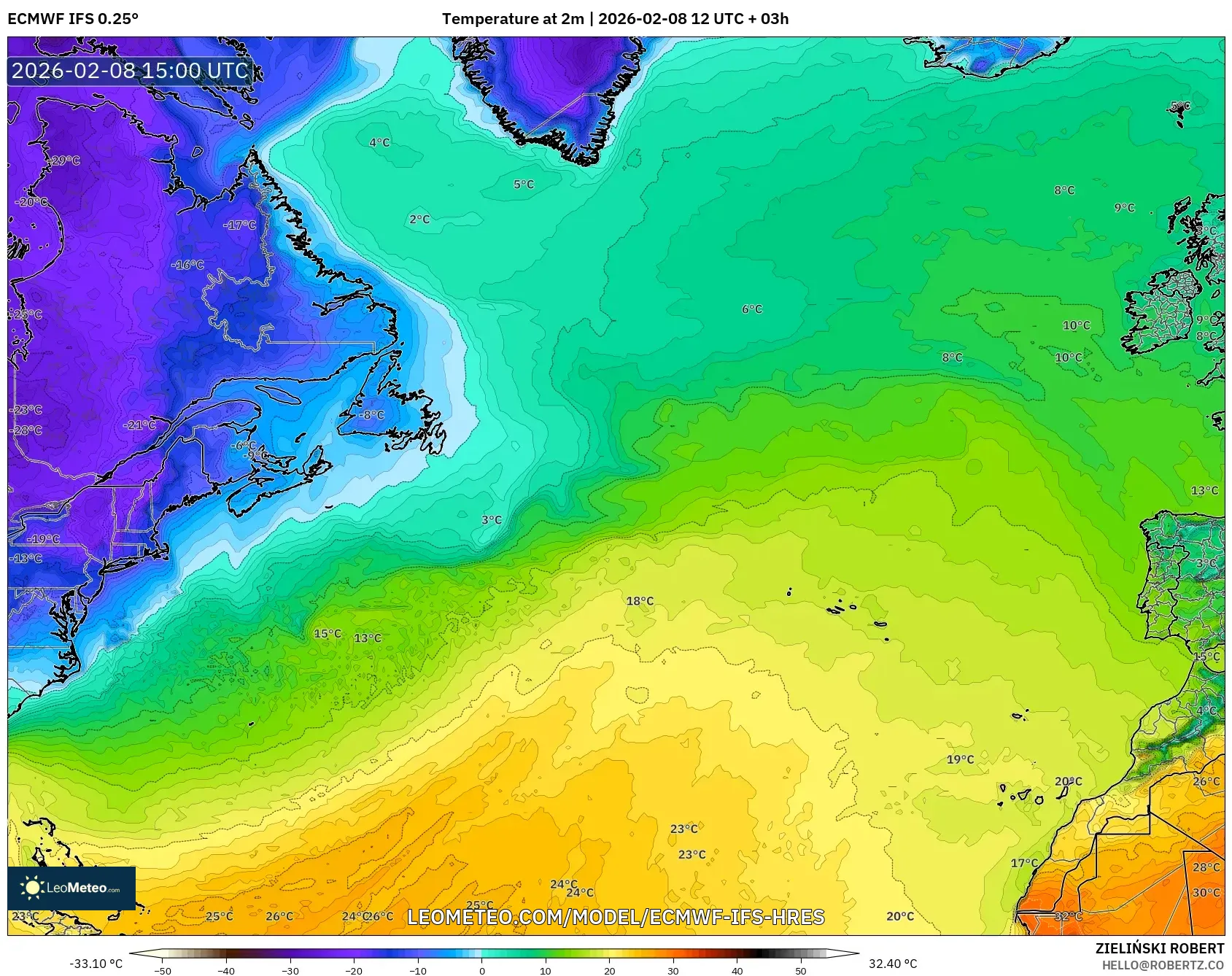 ECMWF IFS 0.25° model - North Atlantic, Temperature at 2m