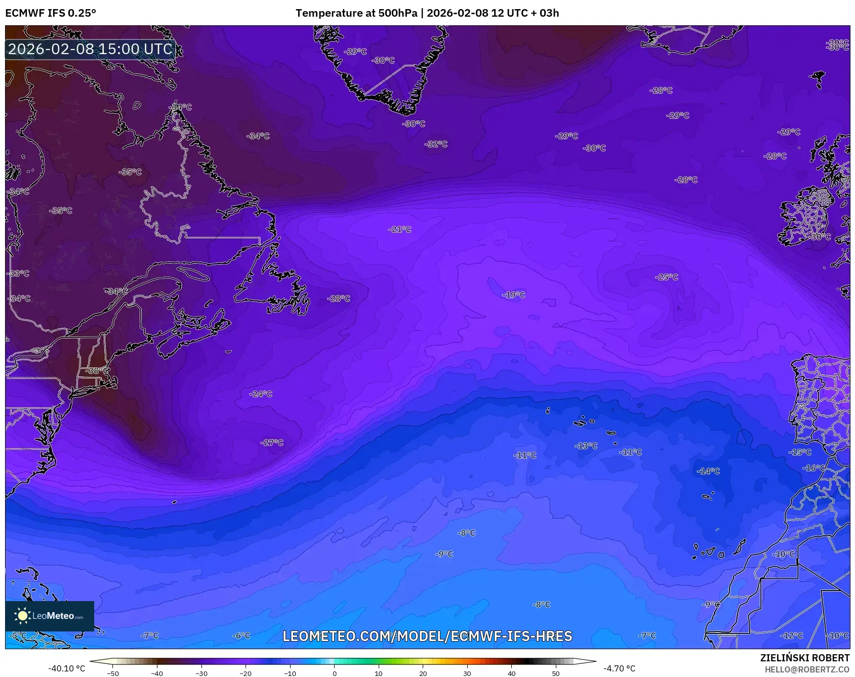 ECMWF IFS 0.25° model - Atlantik Utara, Suhu 500 hPa