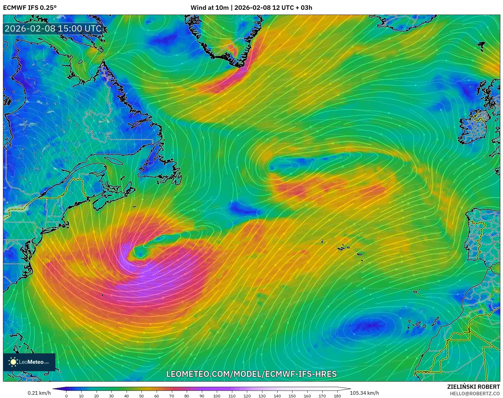 ECMWF IFS 0.25° model - Atlantik Utara, Angin 10 m