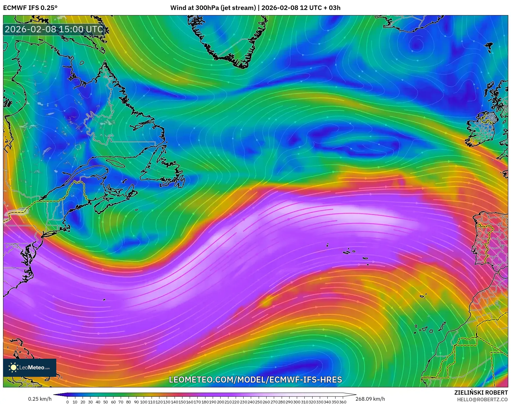 ECMWF IFS 0.25° model - North Atlantic, Wind at 300hPa (jet stream)