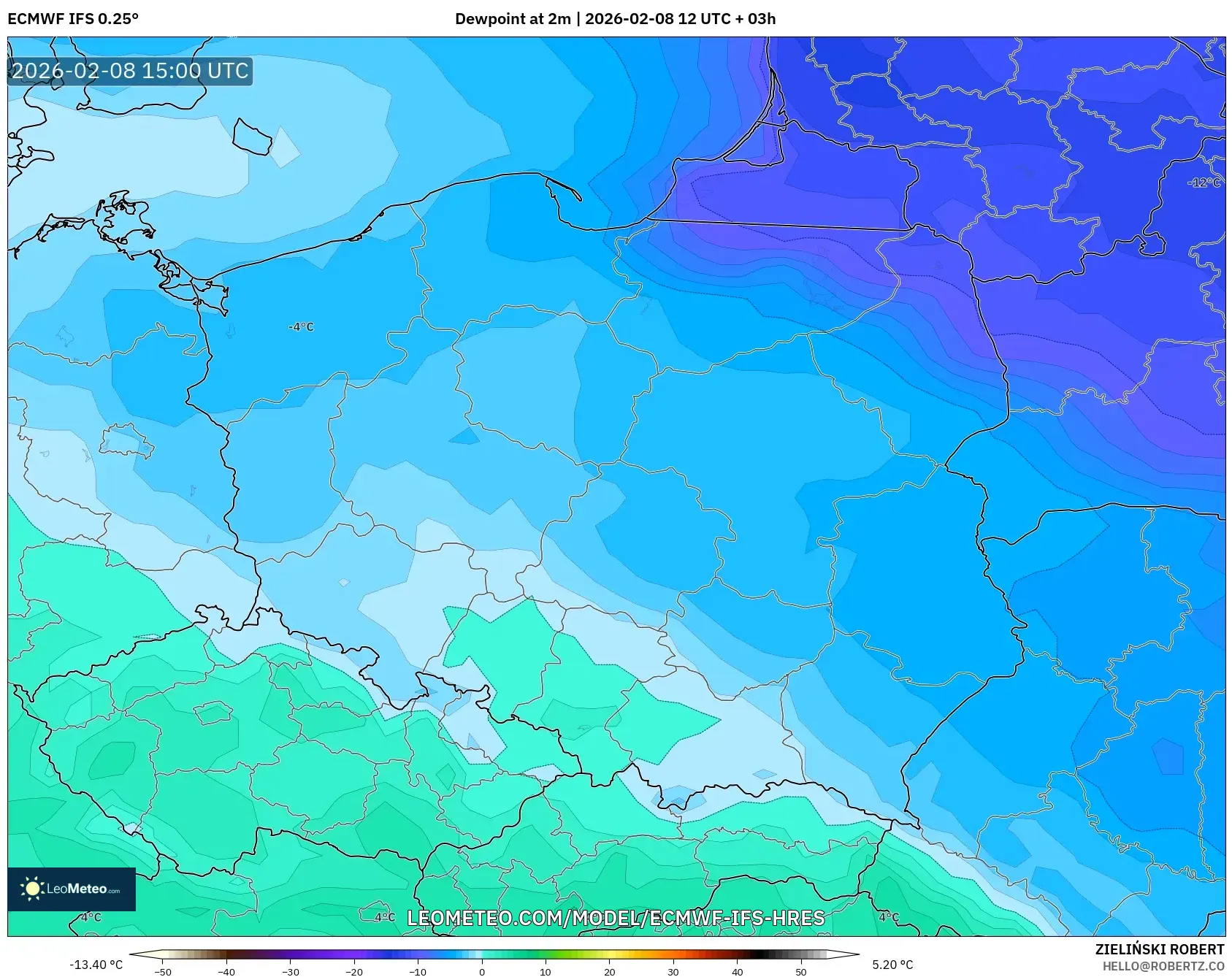 ECMWF IFS 0.25° model - Polandia, Titik Embun 2 m