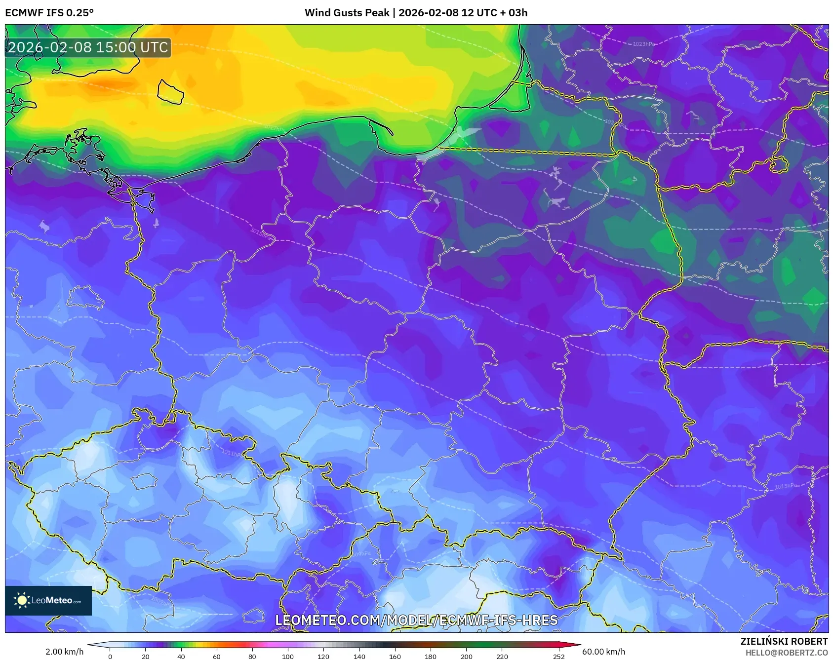 ECMWF IFS 0.25° model - Poland, Wind Gusts Peak