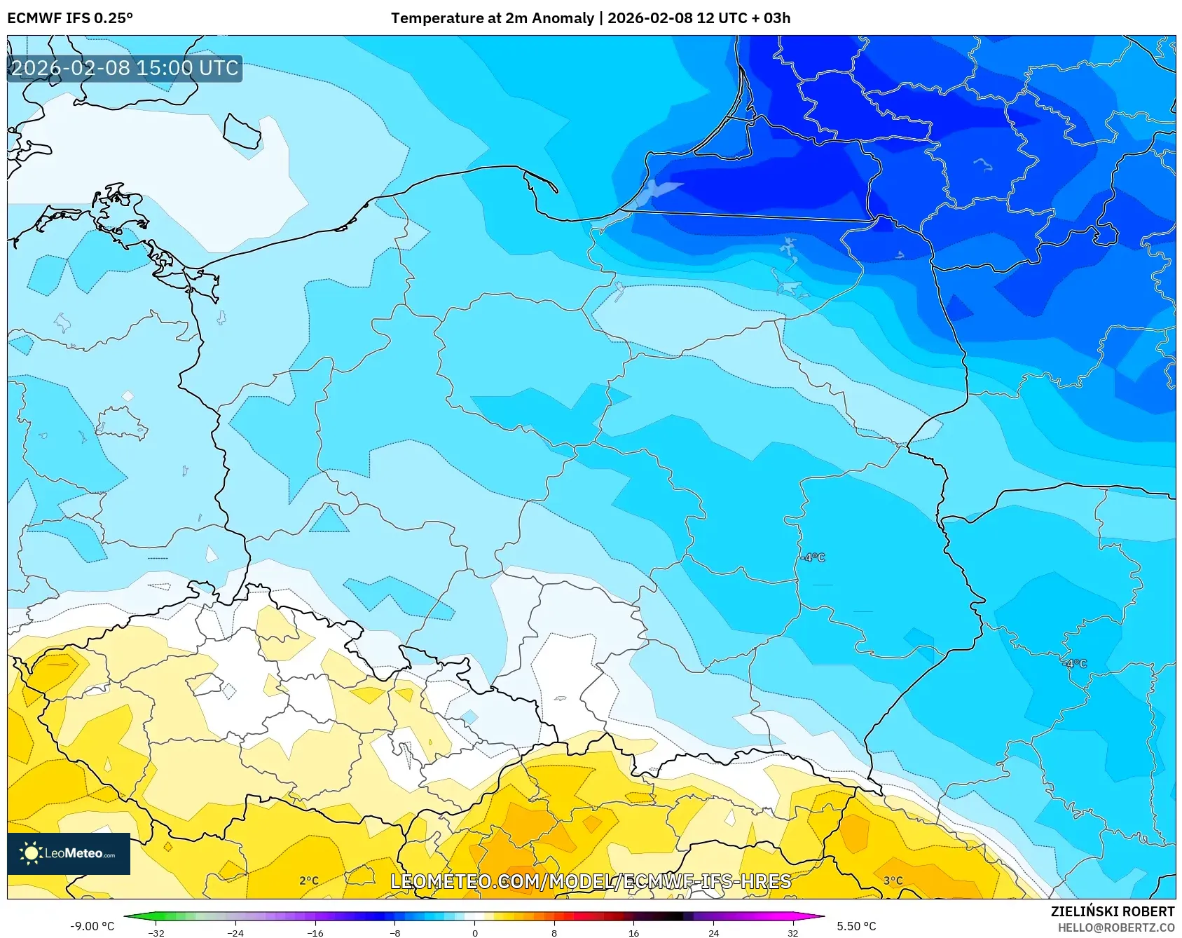 ECMWF IFS 0.25° model - Poland, Temperature at 2m Anomaly