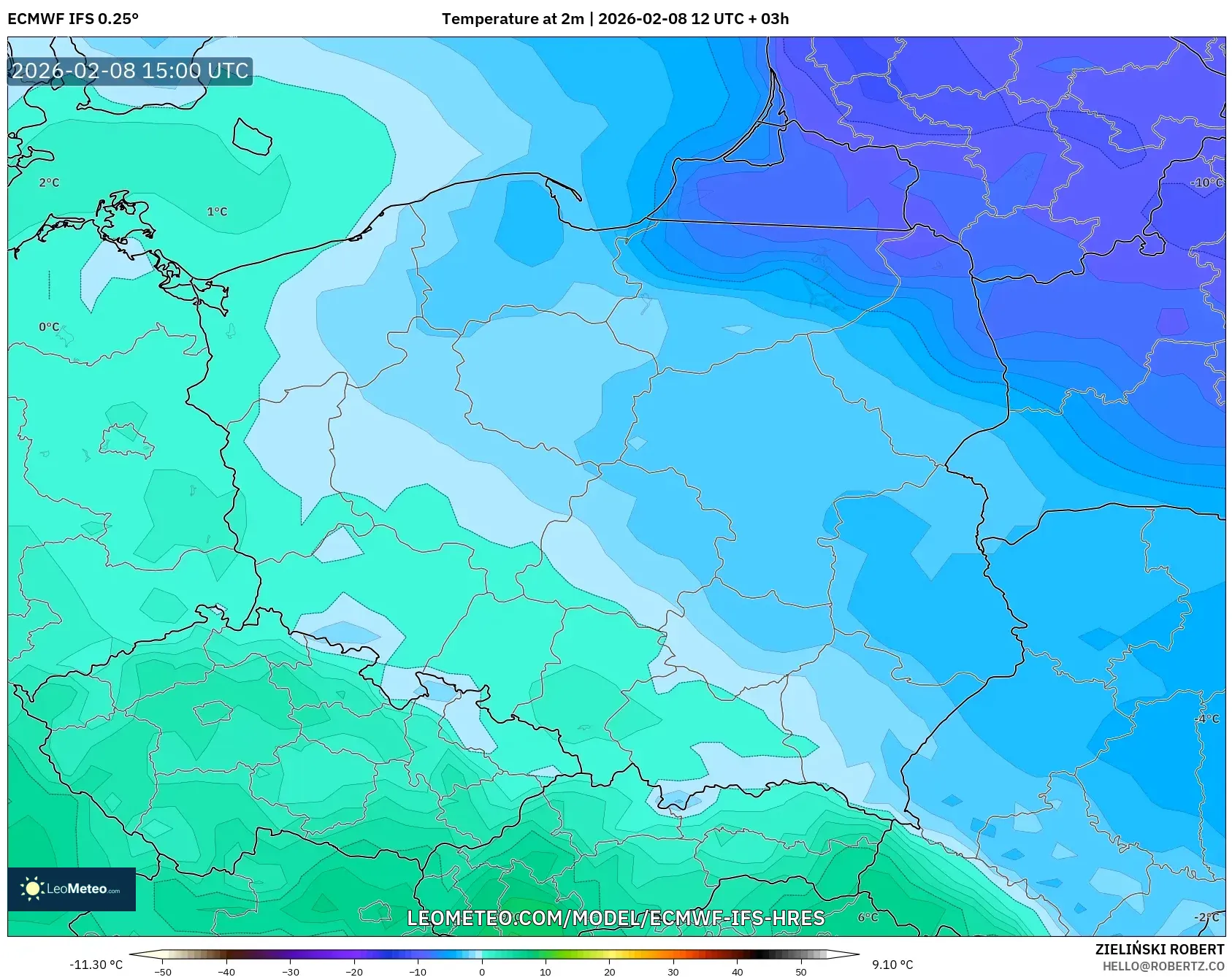 ECMWF IFS 0.25° model - Polandia, Suhu 2 m