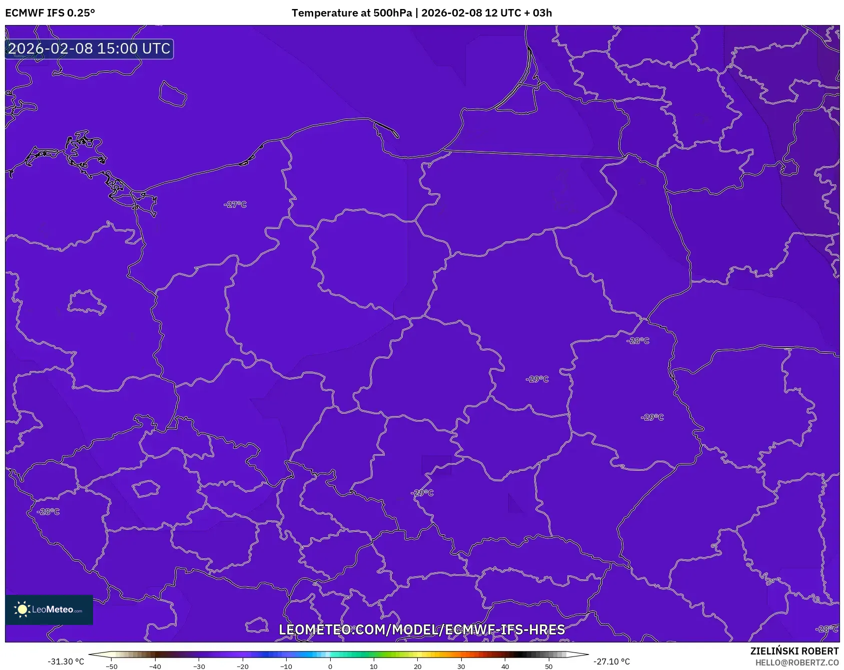 ECMWF IFS 0.25° model - Poland, Temperature at 500hPa