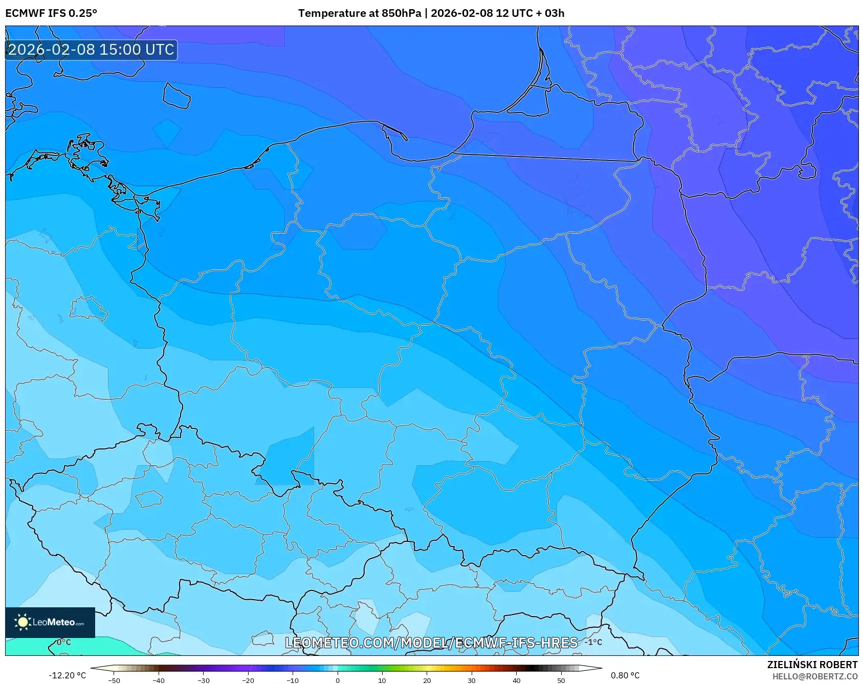 ECMWF IFS 0.25° model - Poland, Temperature at 850hPa
