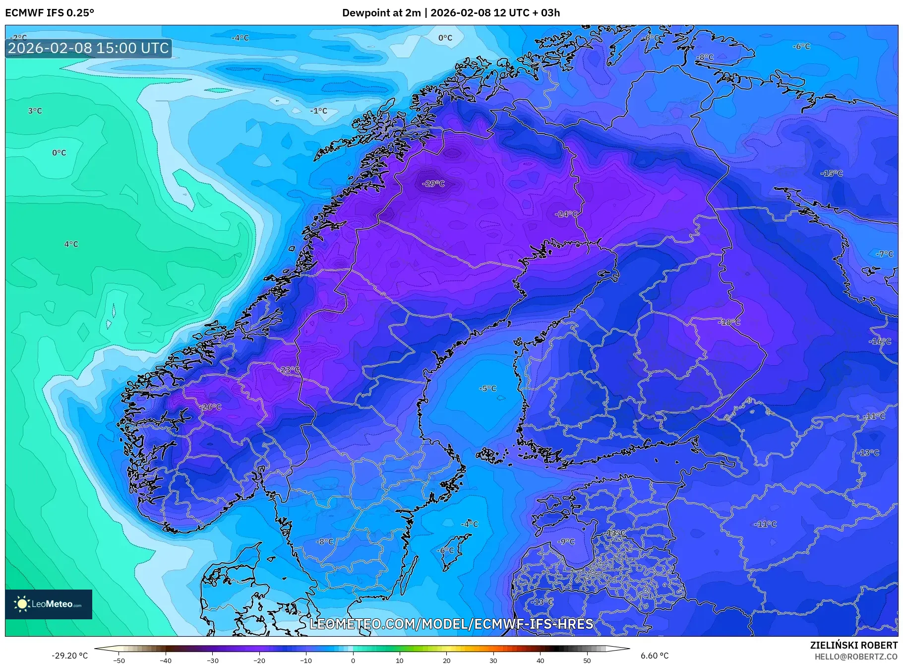 ECMWF IFS 0.25° model - Scandinavia, Dewpoint at 2m