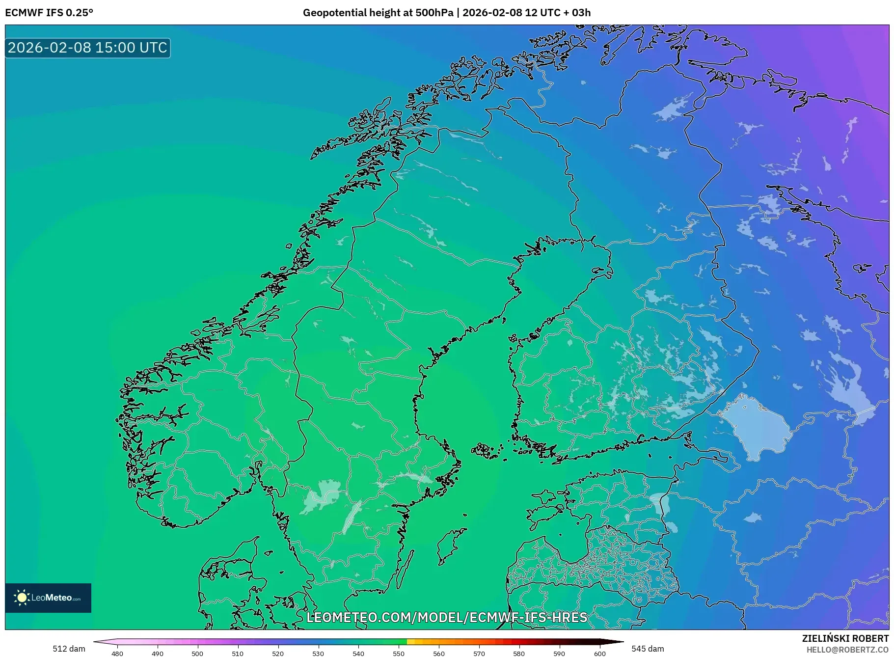 ECMWF IFS 0.25° model - Scandinavia, Geopotential height at 500hPa