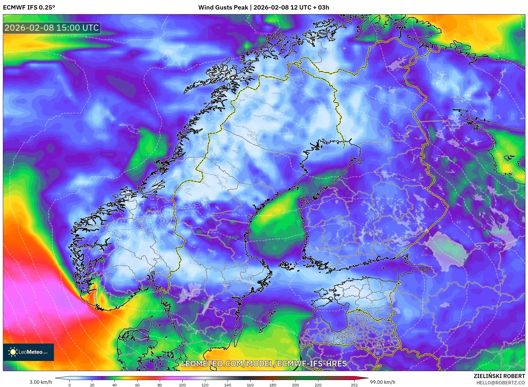 ECMWF IFS 0.25° model - Scandinavia, Wind Gusts Peak