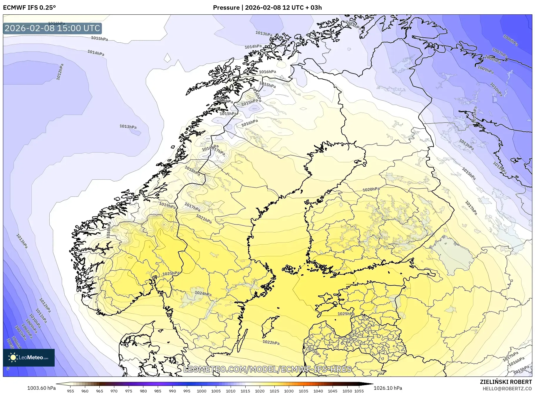ECMWF IFS 0.25° model - Scandinavia, Pressure