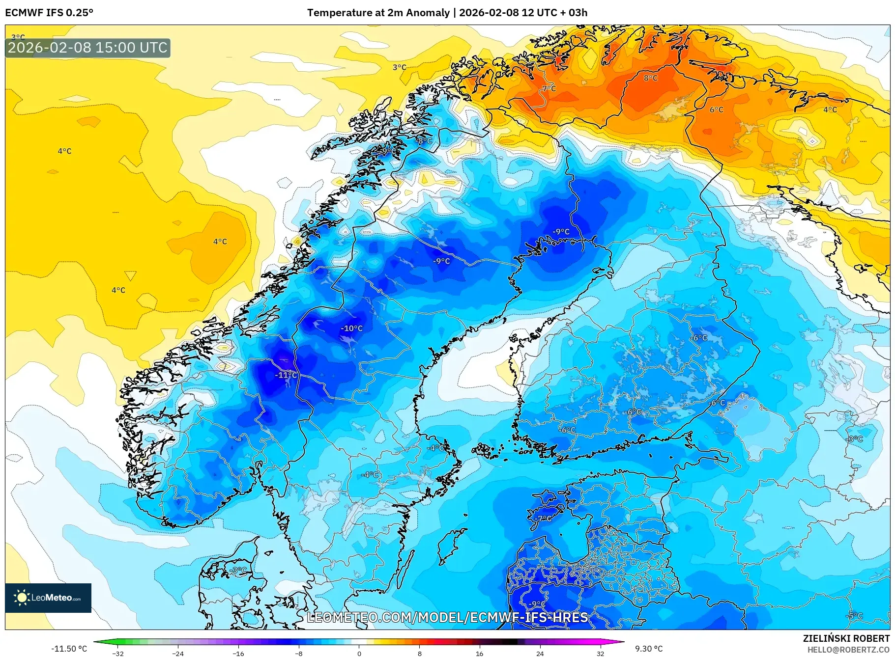 ECMWF IFS 0.25° model - Scandinavia, Temperature at 2m Anomaly