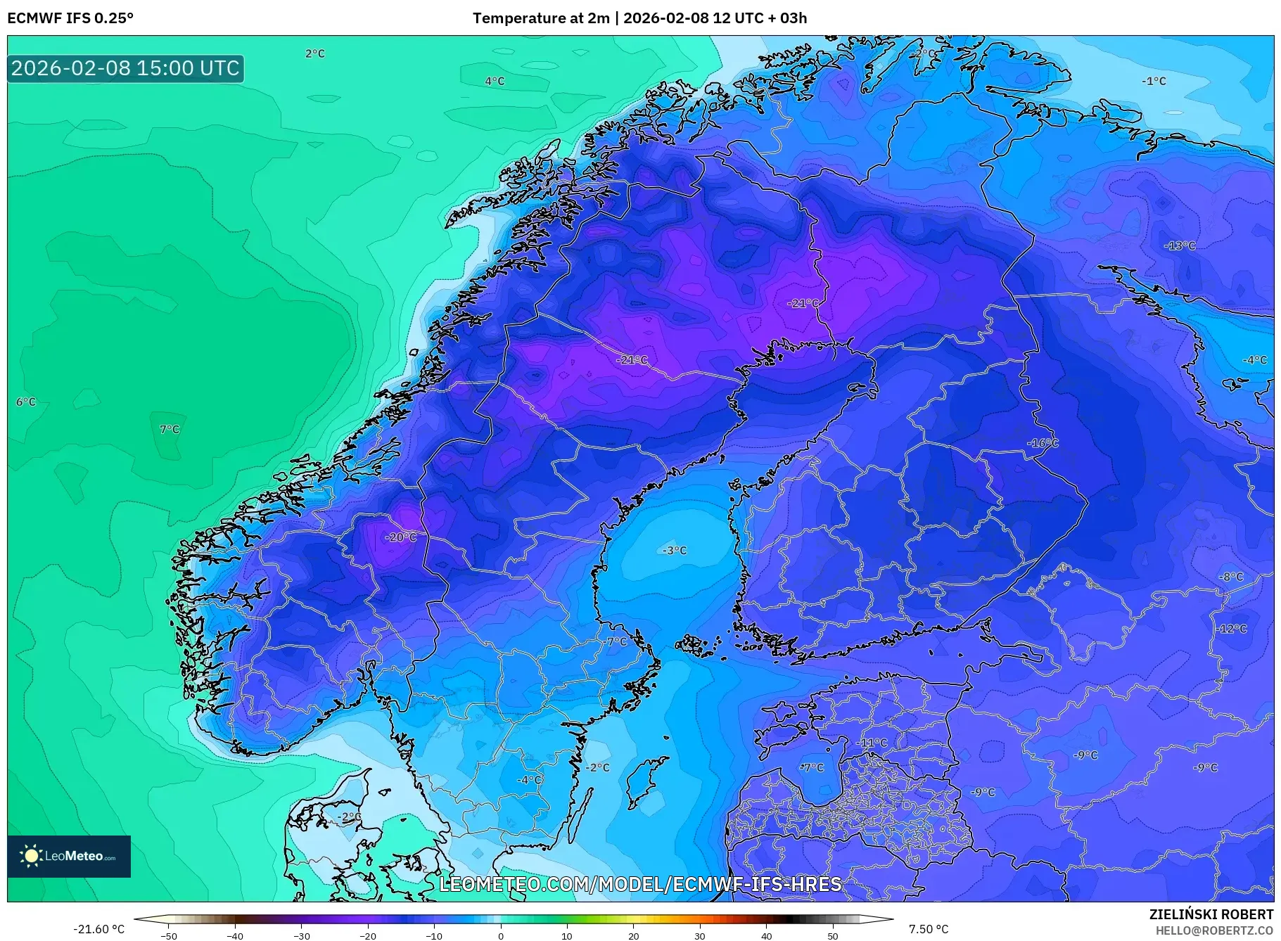 ECMWF IFS 0.25° model - Scandinavia, Temperature at 2m