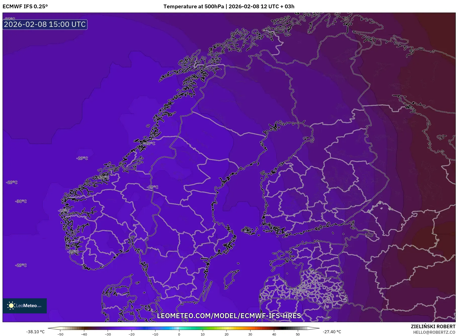 ECMWF IFS 0.25° model - Scandinavia, Temperature at 500hPa