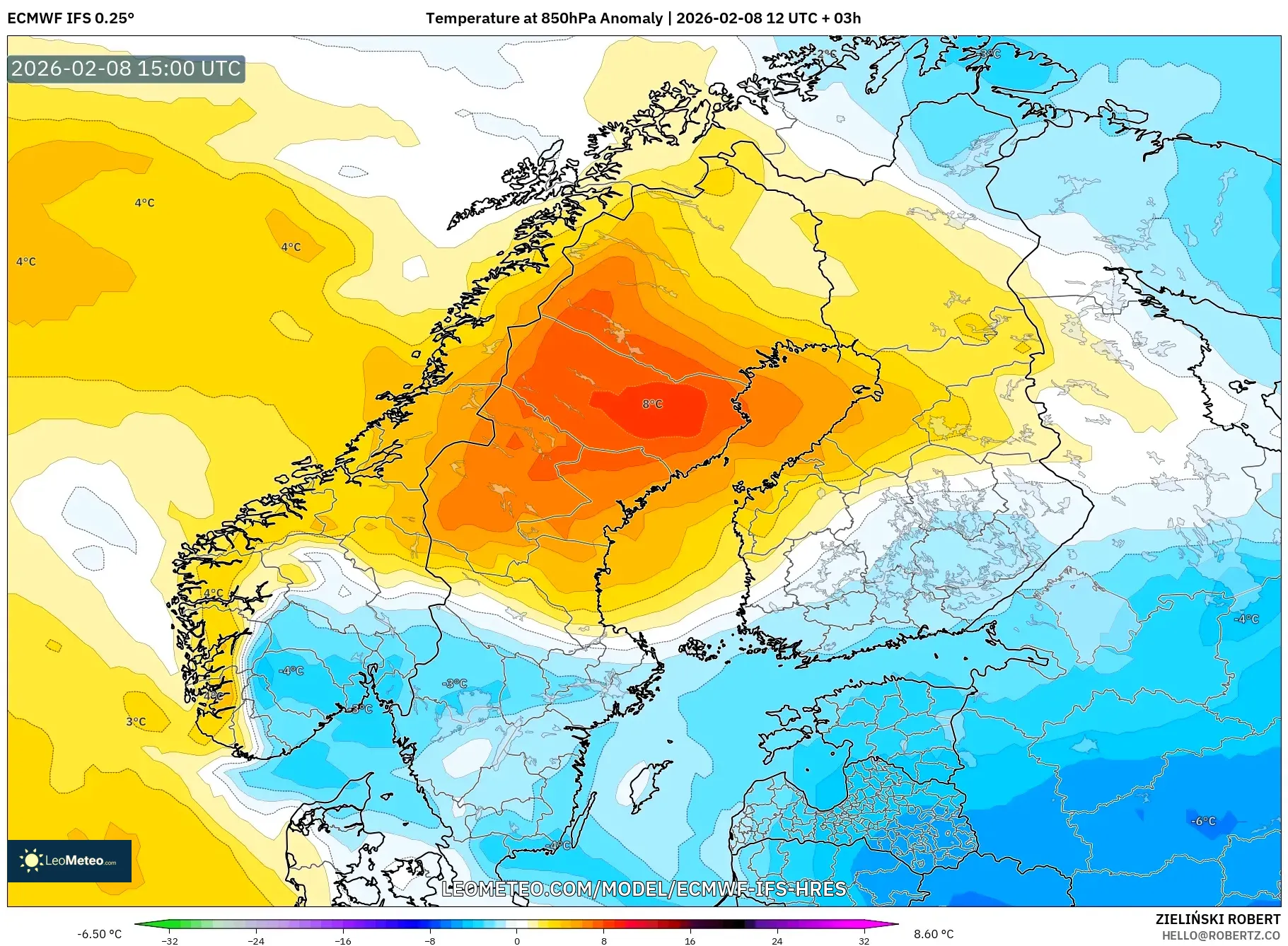 ECMWF IFS 0.25° model - Scandinavia, Temperature at 850hPa Anomaly