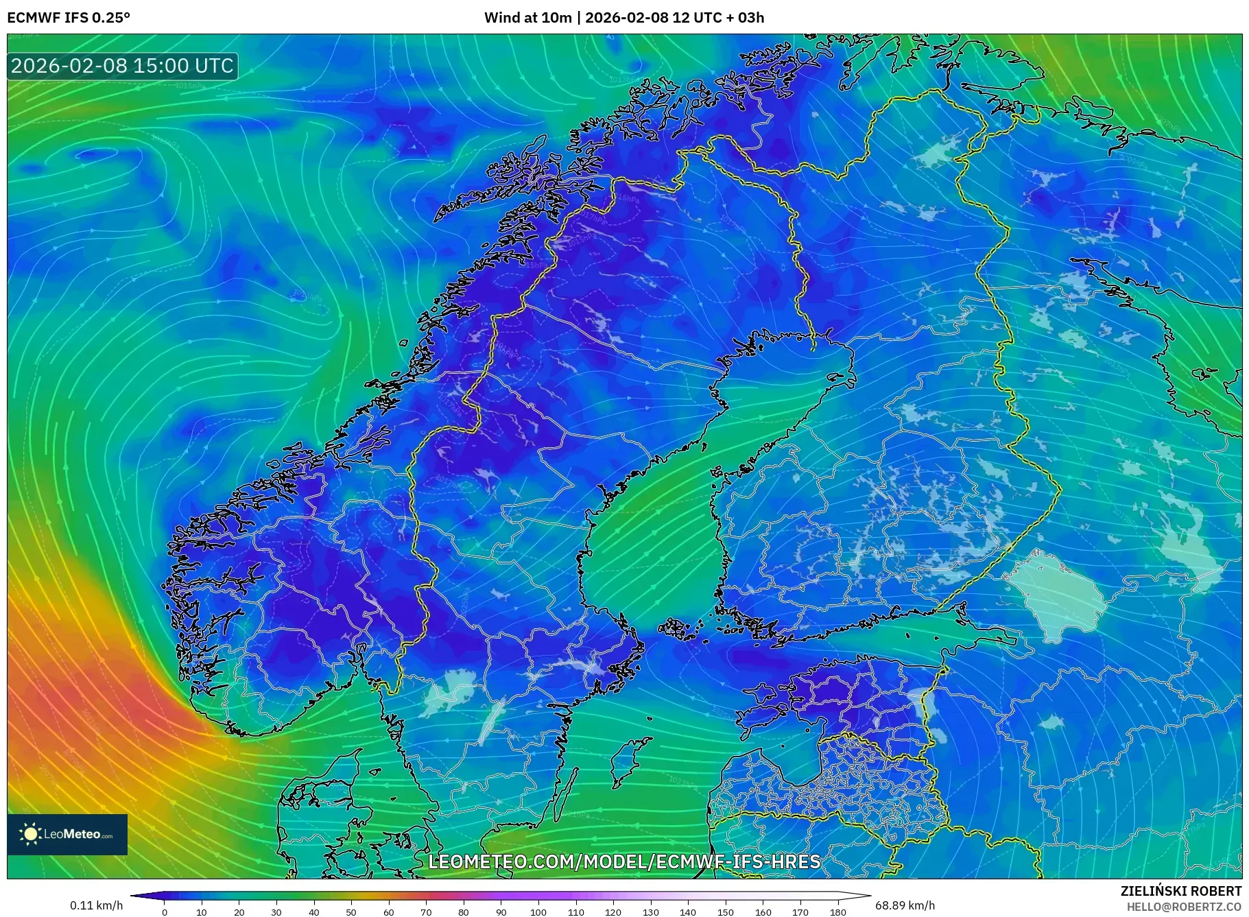 ECMWF IFS 0.25° model - Scandinavia, Wind at 10m