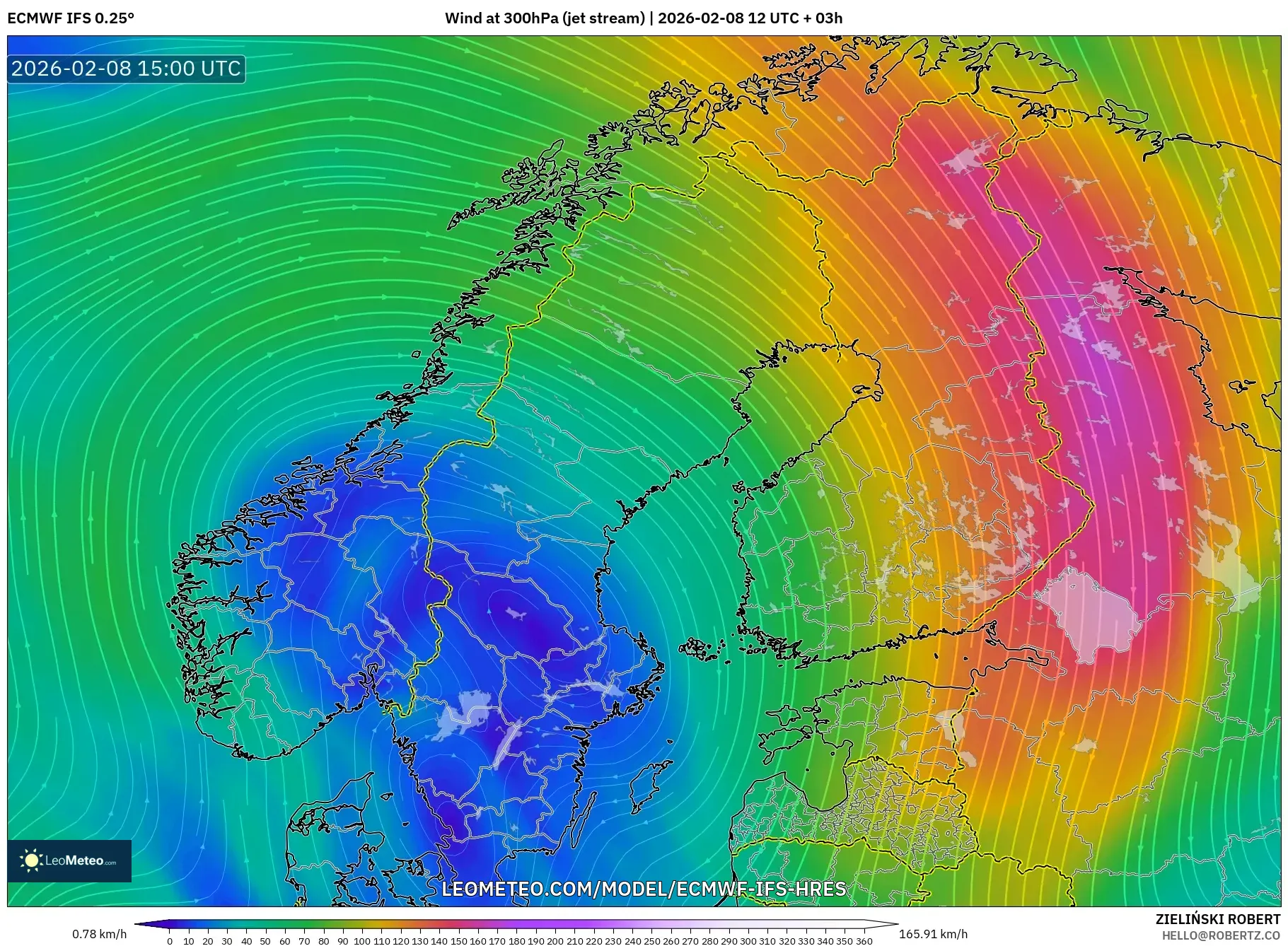 ECMWF IFS 0.25° model - Scandinavia, Wind at 300hPa (jet stream)