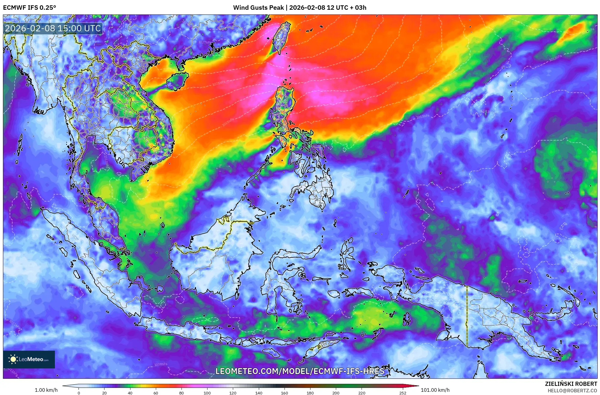 ECMWF IFS 0.25° model - South East Asia, Wind Gusts Peak