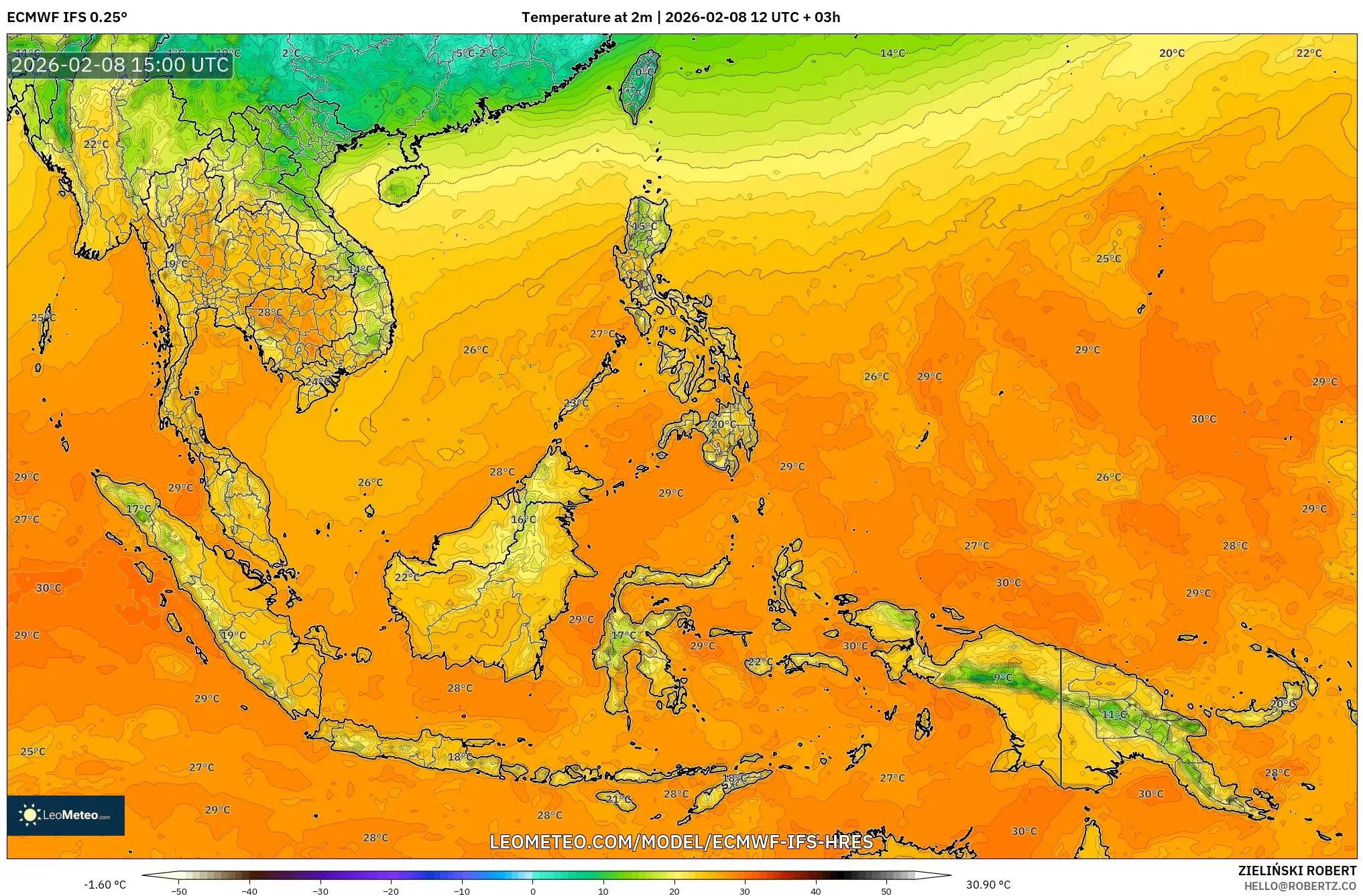 ECMWF IFS 0.25° model - Asia Tenggara, Suhu 2 m
