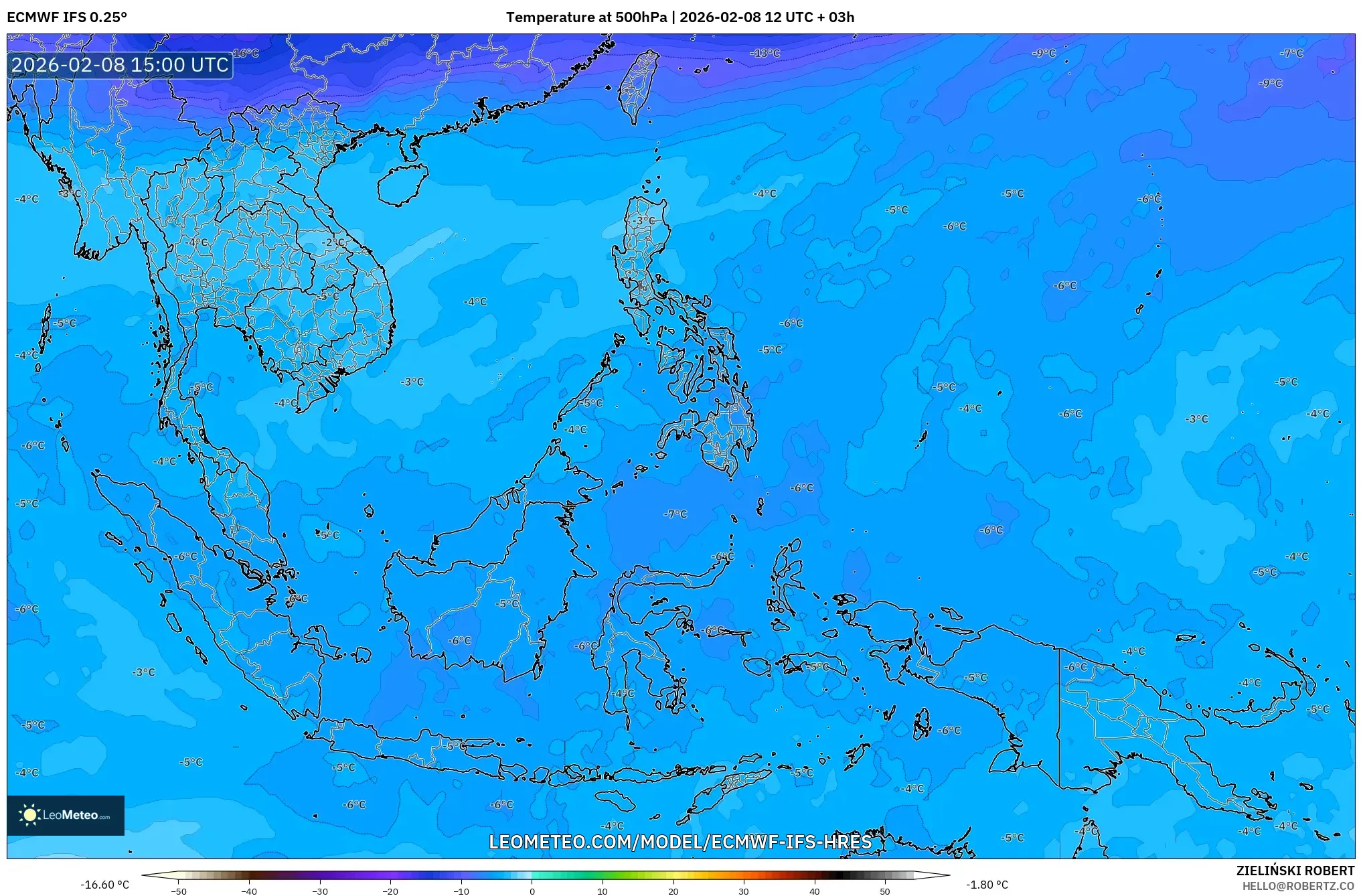 ECMWF IFS 0.25° model - South East Asia, Temperature at 500hPa