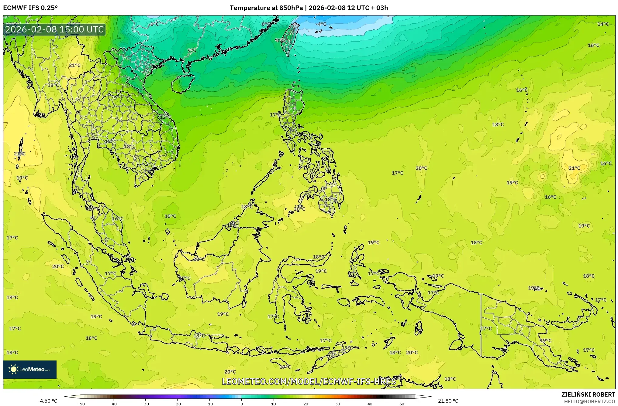 ECMWF IFS 0.25° model - South East Asia, Temperature at 850hPa