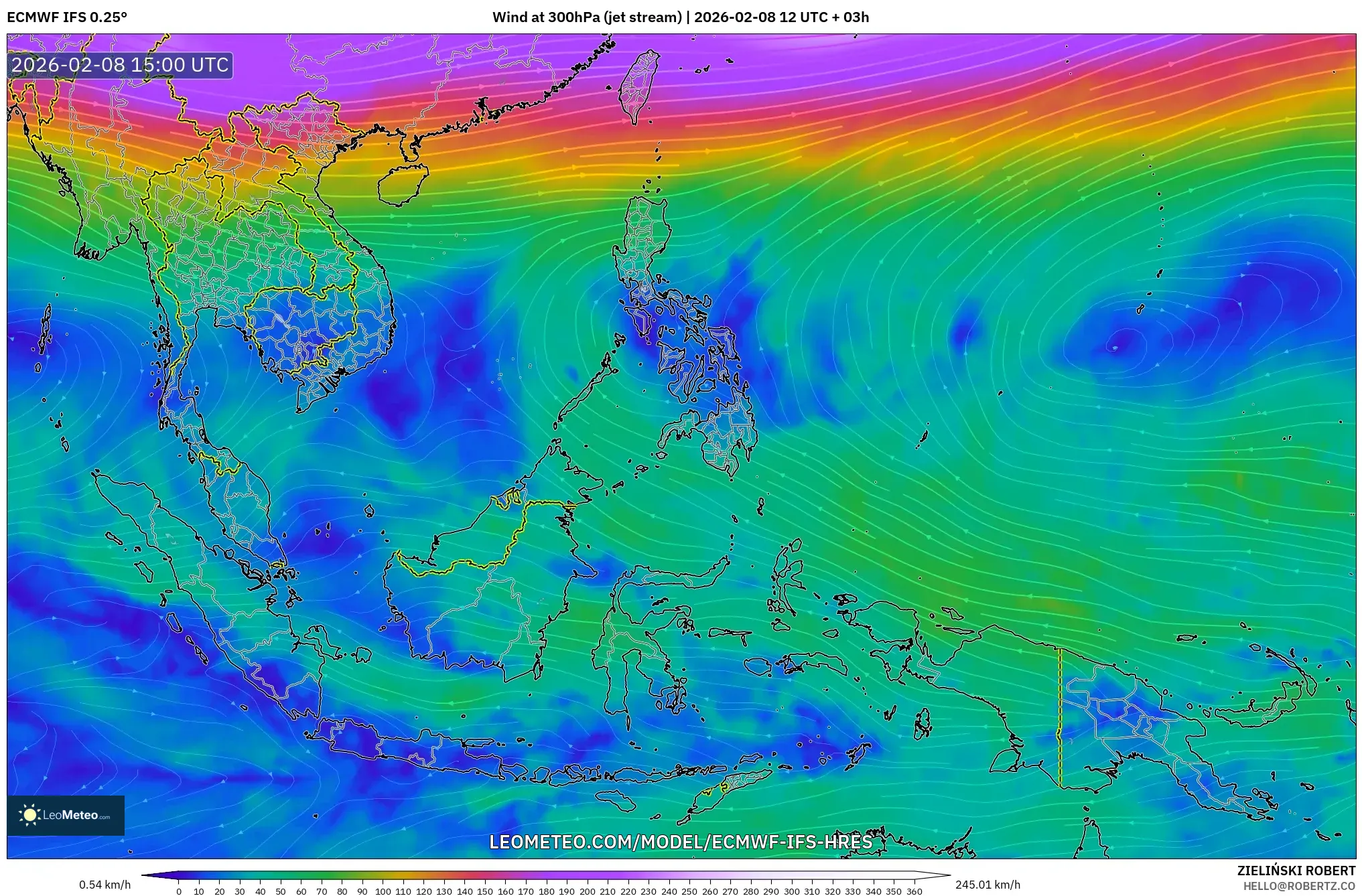 ECMWF IFS 0.25° model - South East Asia, Wind at 300hPa (jet stream)