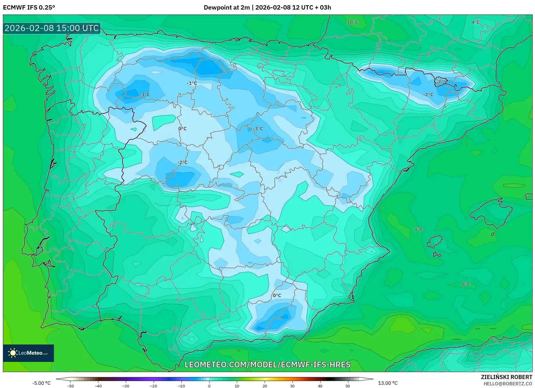 ECMWF IFS 0.25° model - Spain, Dewpoint at 2m