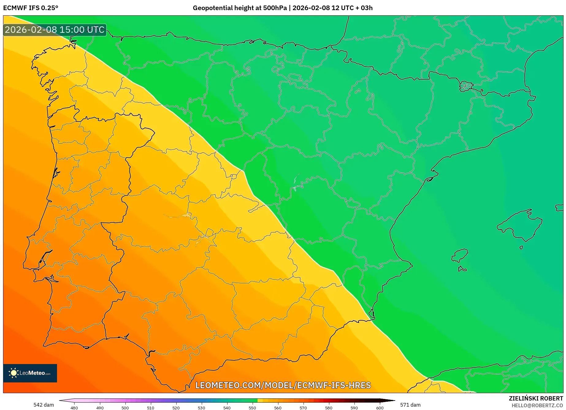 ECMWF IFS 0.25° model - Spain, Geopotential height at 500hPa