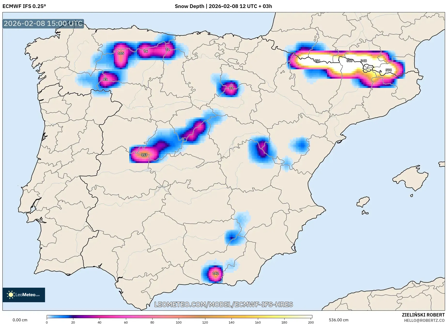 ECMWF IFS 0.25° model - Spain, Snow Depth