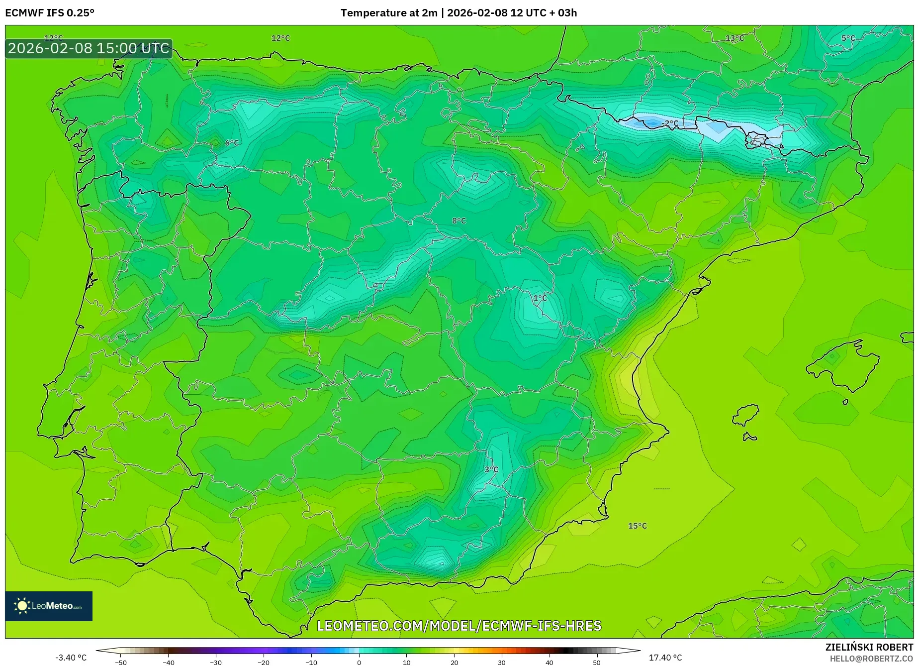 ECMWF IFS 0.25° model - Spain, Temperature at 2m