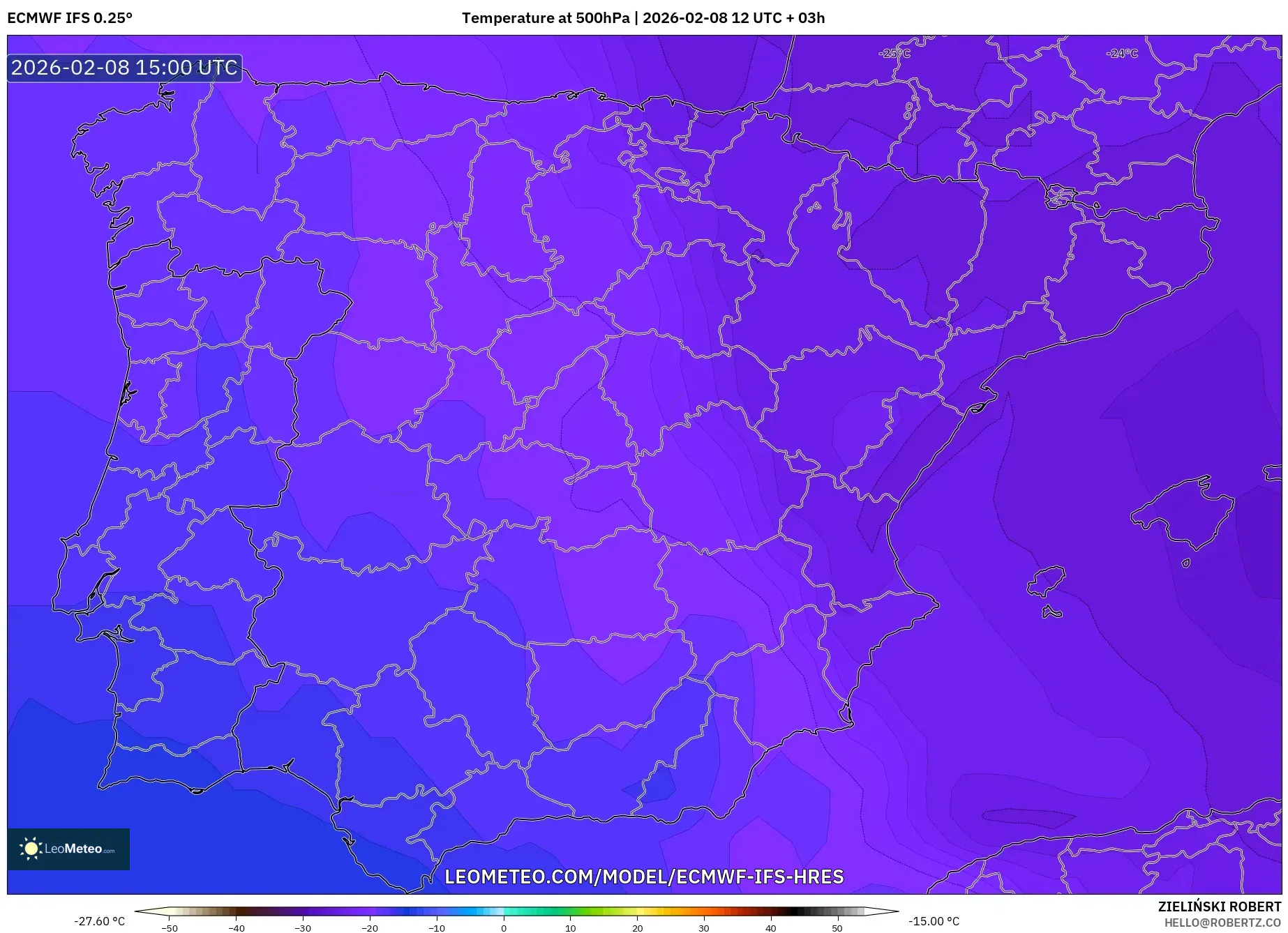 ECMWF IFS 0.25° model - Spanyol, Suhu 500 hPa