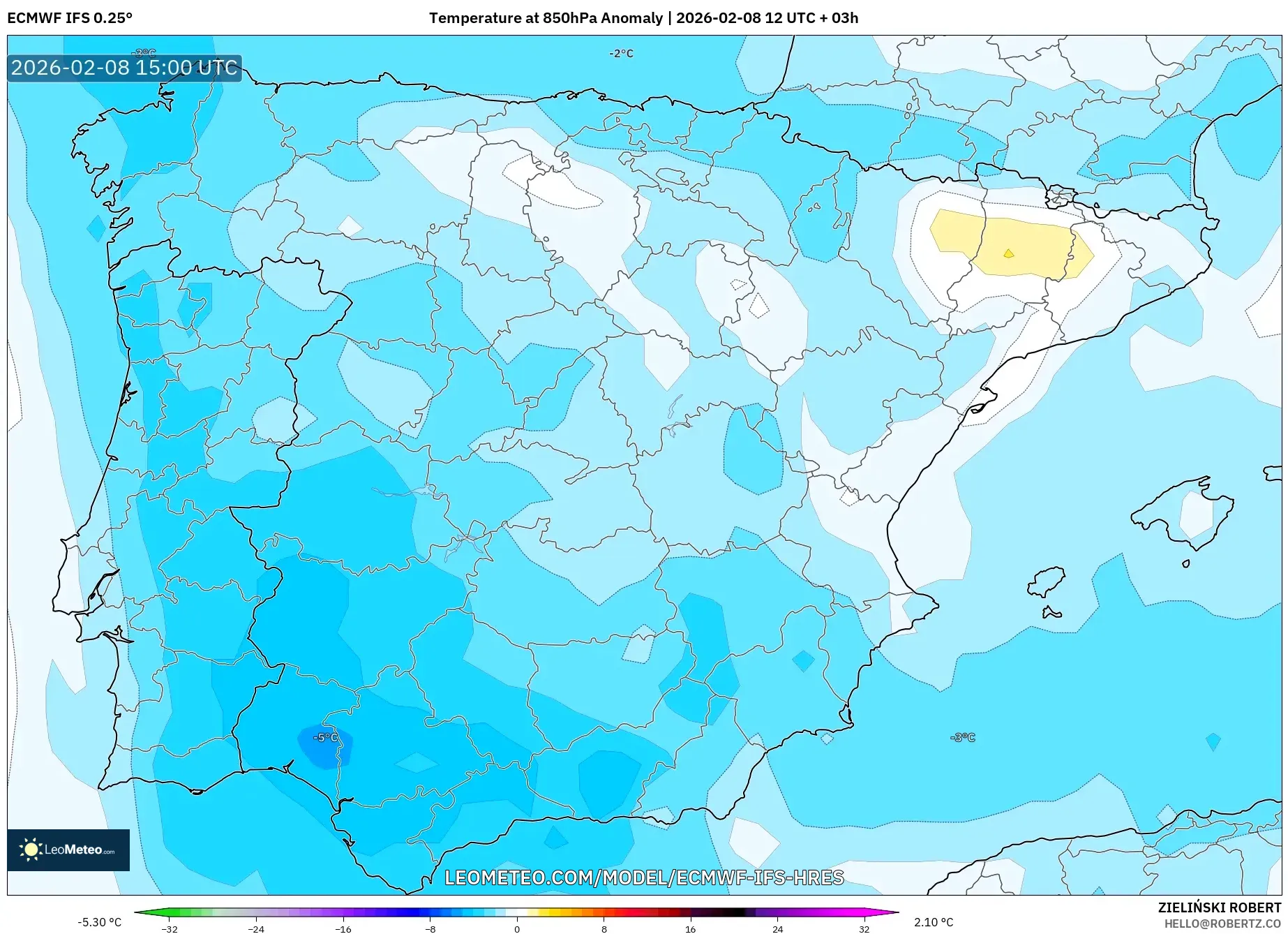 ECMWF IFS 0.25° model - Spain, Temperature at 850hPa Anomaly