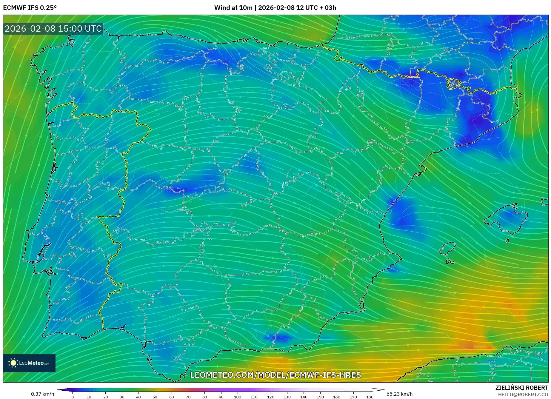 ECMWF IFS 0.25° model - Spain, Wind at 10m