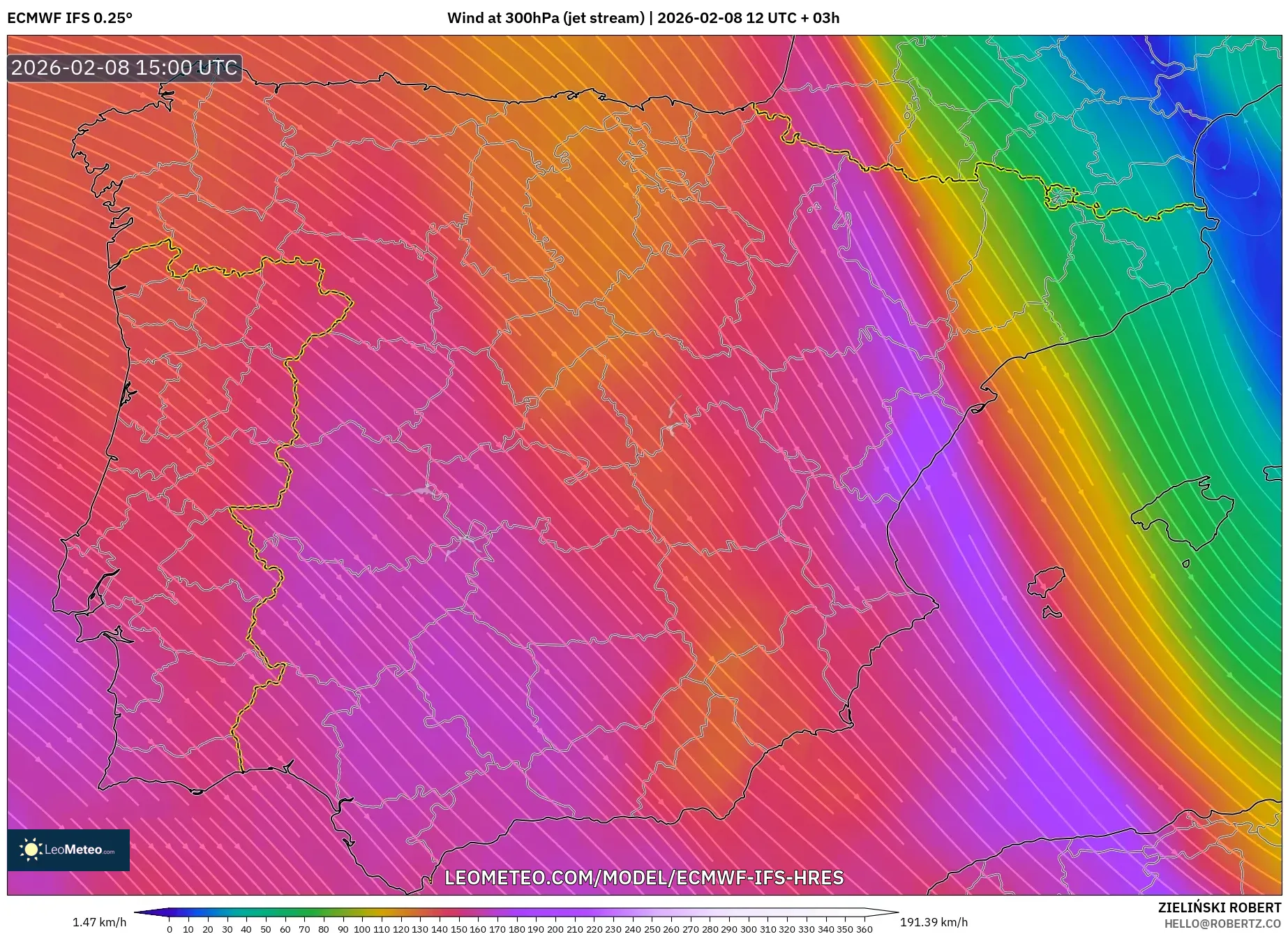 ECMWF IFS 0.25° model - Spain, Wind at 300hPa (jet stream)