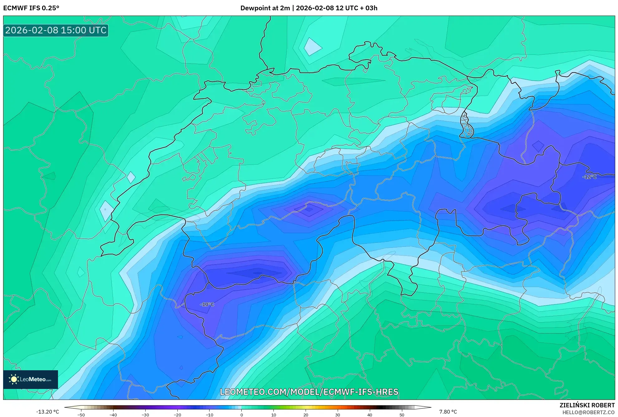 ECMWF IFS 0.25° model - Swiss, Titik Embun 2 m