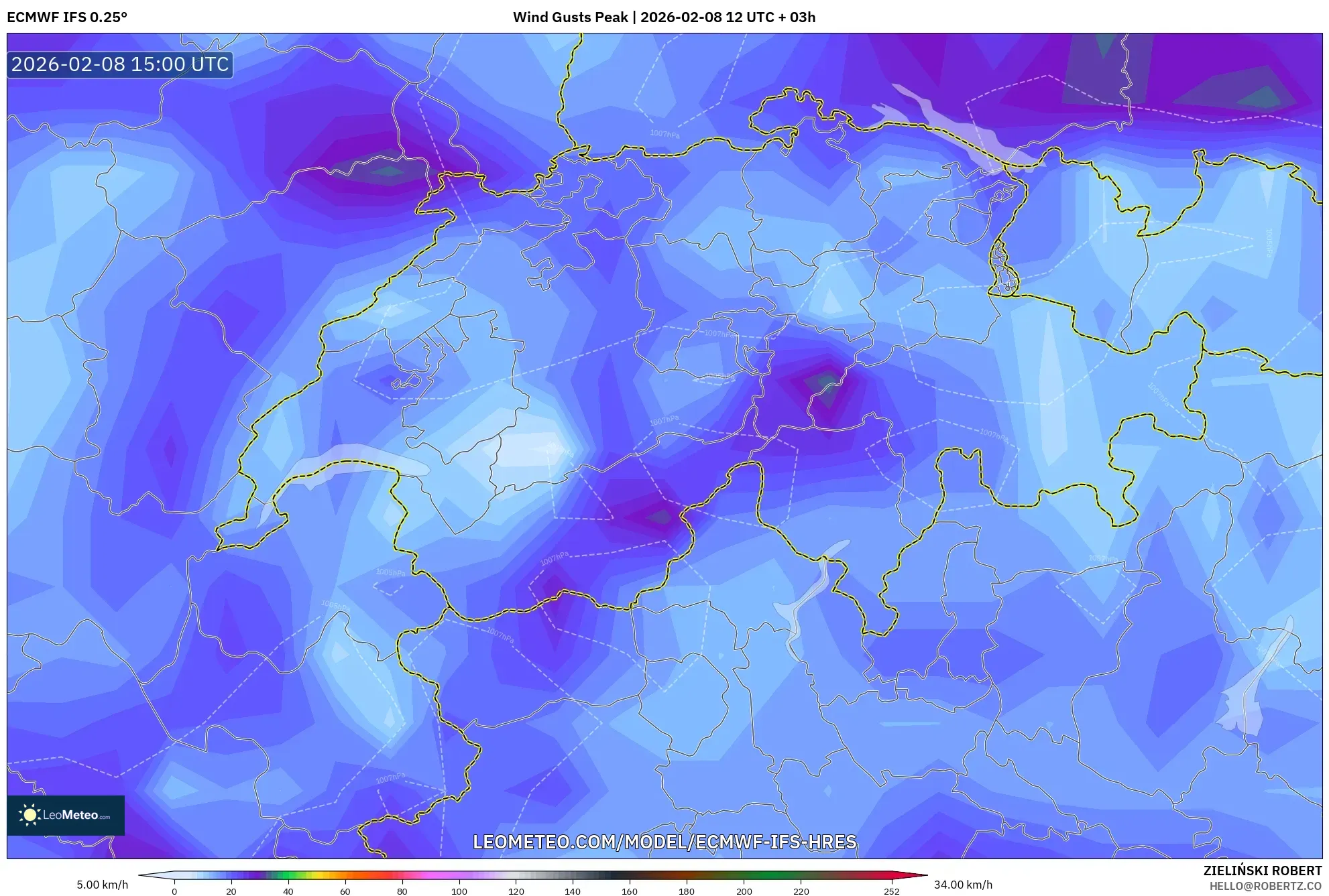 ECMWF IFS 0.25° model - Switzerland, Wind Gusts Peak