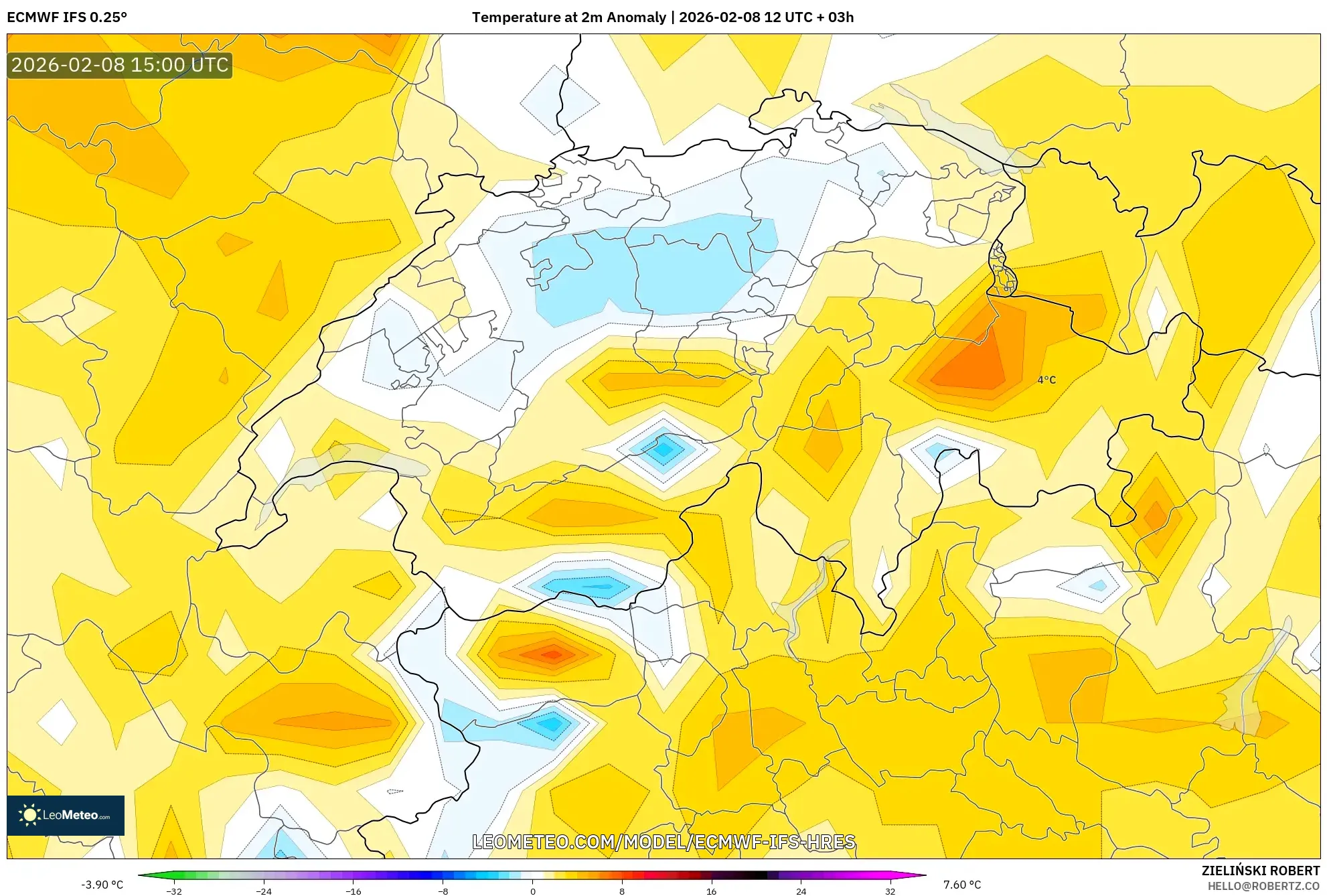 ECMWF IFS 0.25° model - Switzerland, Temperature at 2m Anomaly