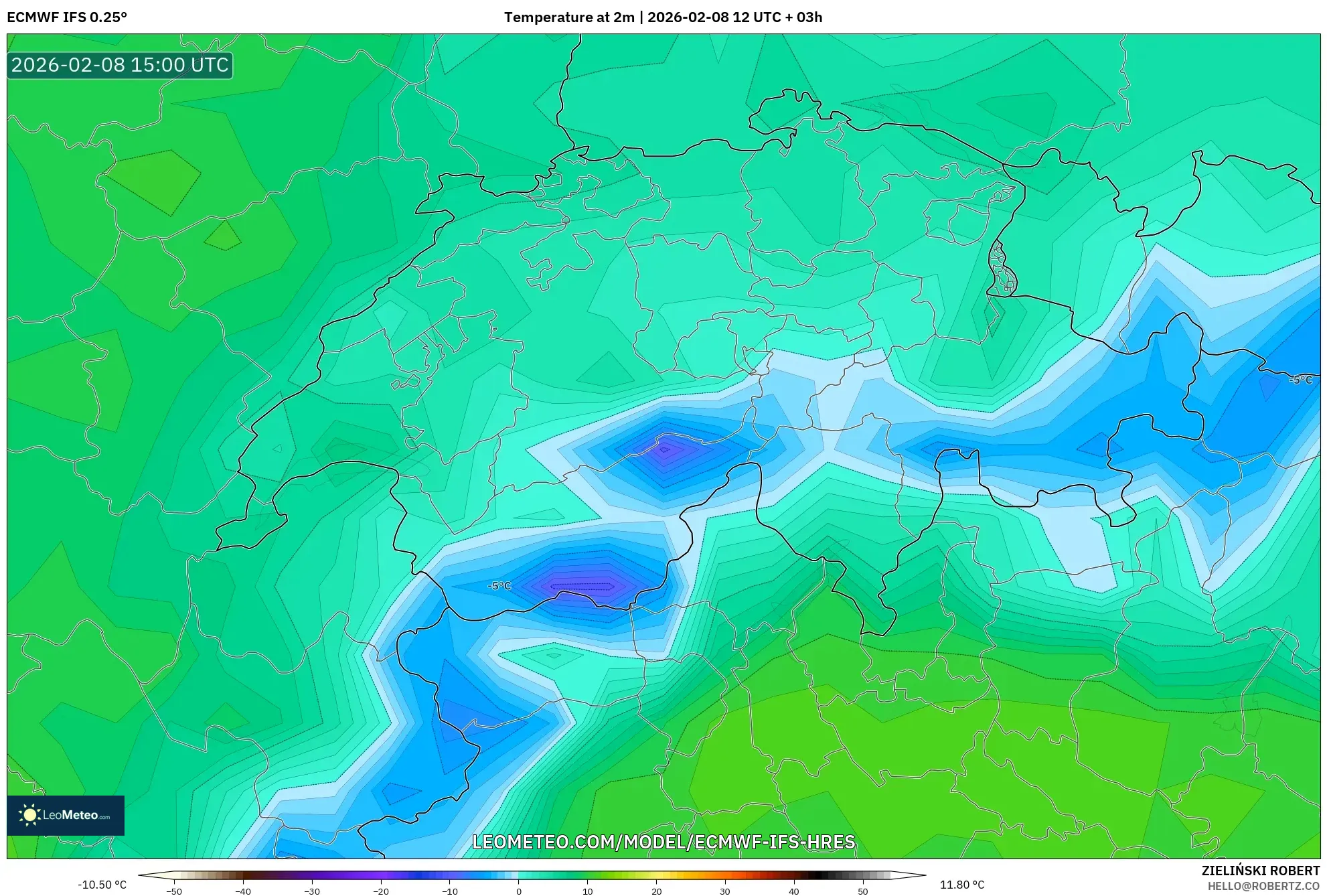 ECMWF IFS 0.25° model - Switzerland, Temperature at 2m