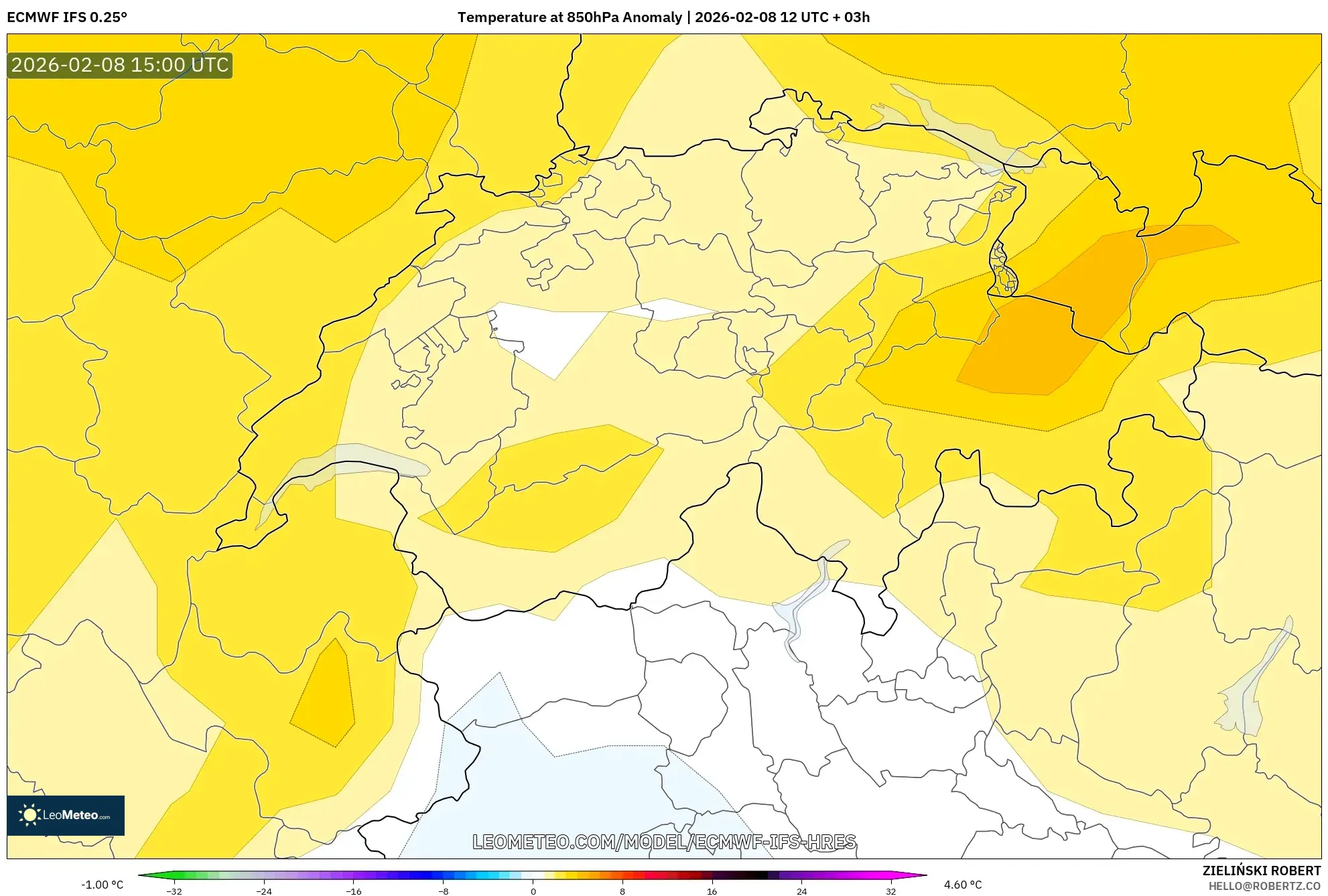 ECMWF IFS 0.25° model - Swiss, Anomali Suhu 850 hPa