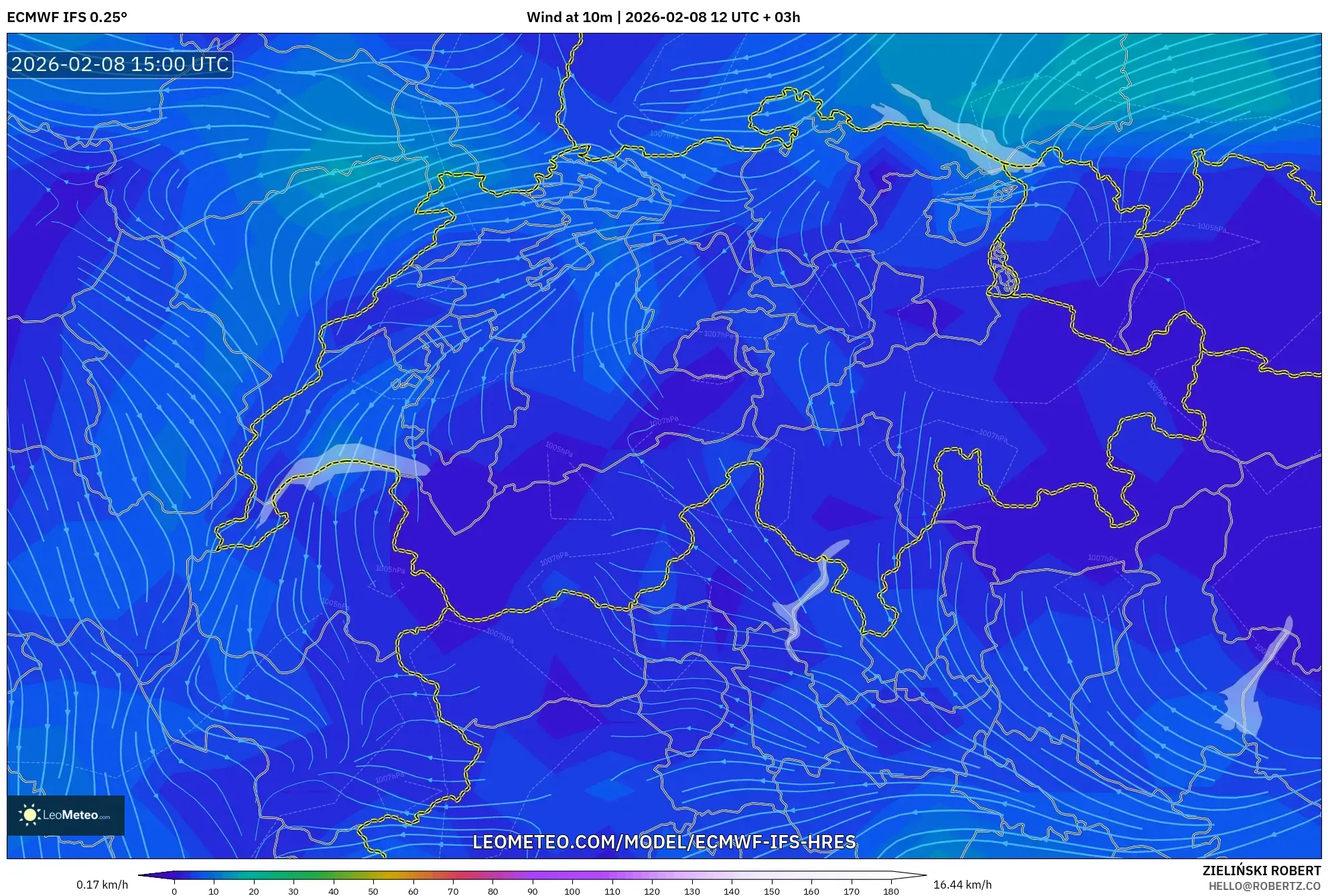 ECMWF IFS 0.25° model - Switzerland, Wind at 10m