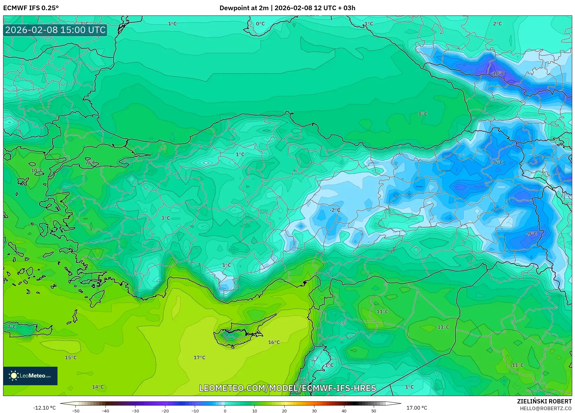 ECMWF IFS 0.25° model - Turkey, Dewpoint at 2m